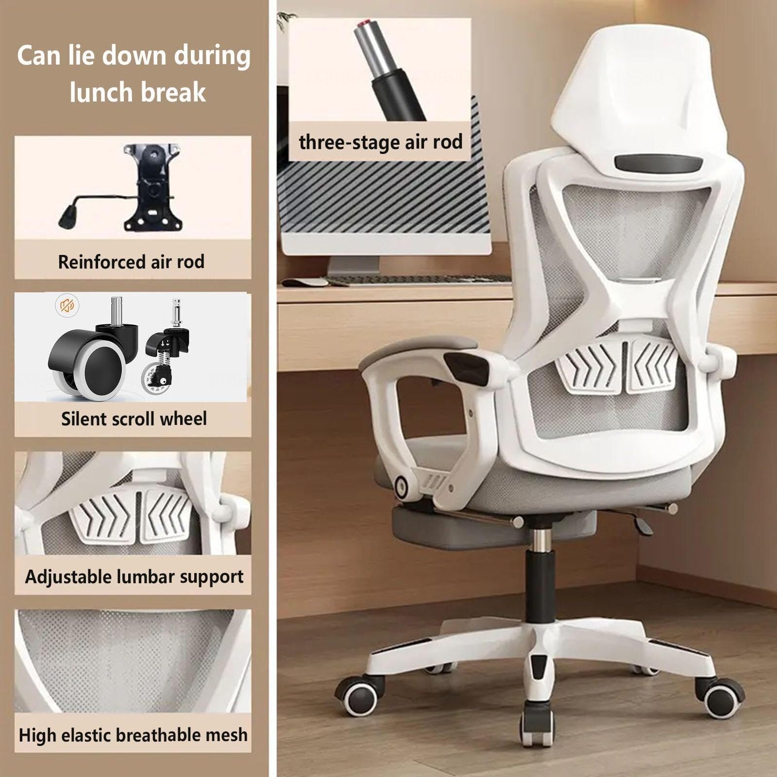 Ergonomic Office Chair with Adjustable Headrest, Backrest (90-135°), Footrest & 360° Swivel Wheels - Breathable Mesh Executive Chair for Home Office, Study, Gaming & Work - Black