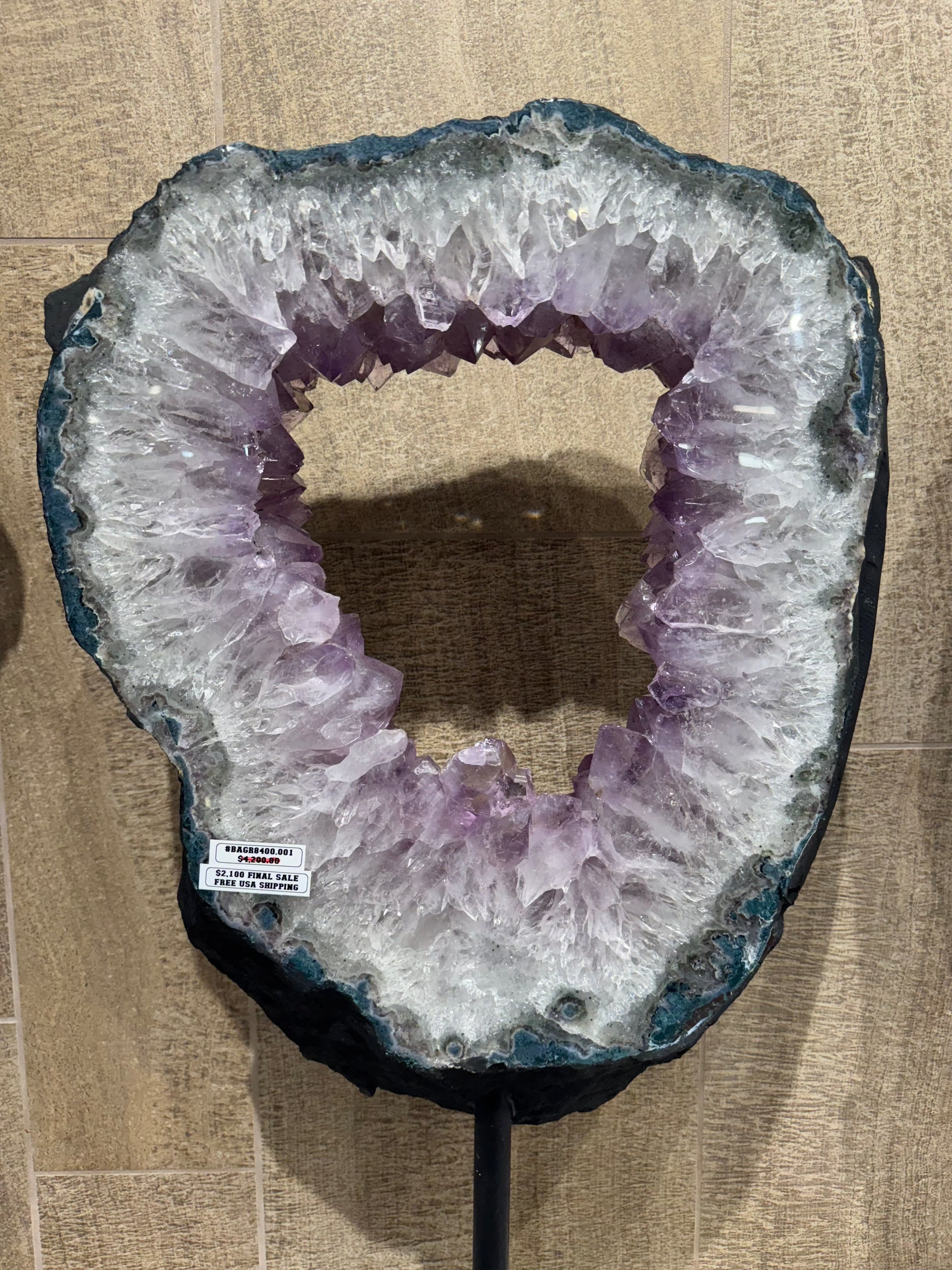 Natural Amethyst Geode Slice Ring from Brazil - Handcrafted Jewelry on Custom Stand (29-37 lbs) - Perfect for Home Decor, Meditation & Healing Crystals