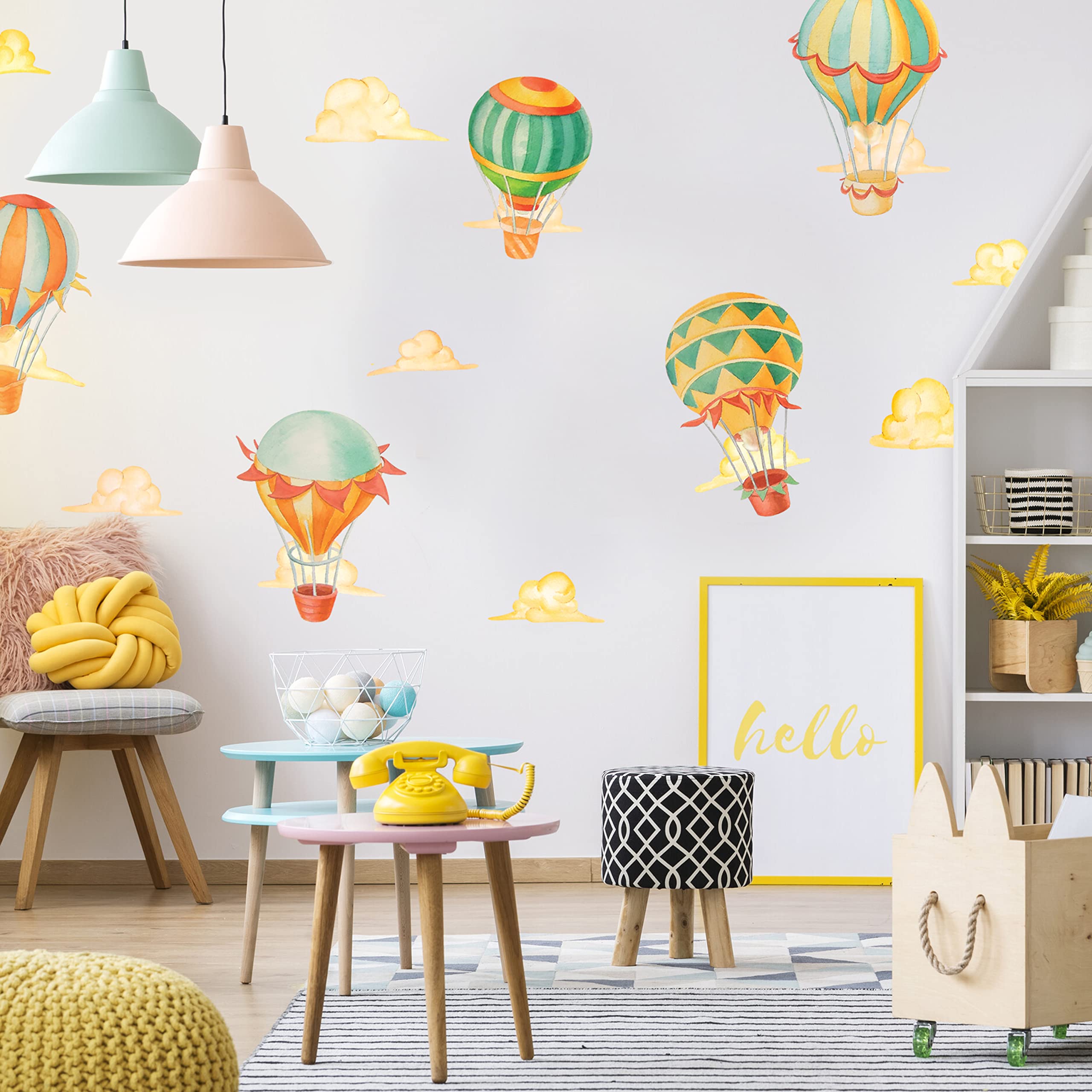 Up & Away Hot Air Balloon Watercolor Wall Decal Kit - Removable Nursery & Kids Room Decor - Chromantics Wall Stickers for Bedroom, Playroom & Classroom