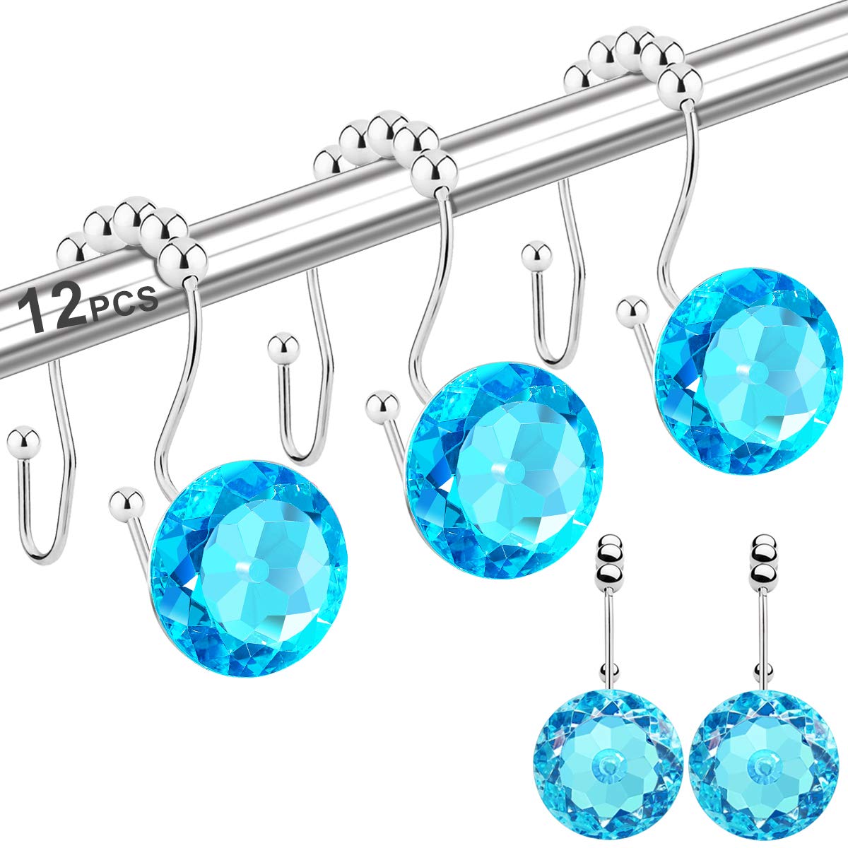 12PCS Crystal Rhinestone Shower Curtain Hooks - Anti-Rust Double Hooks for Bathroom, Shower Curtains, Towels & Clothing (Aqua Blue) - Elegant Bathroom Decor & Easy Glide Hangers for Stylish Home Upgrade