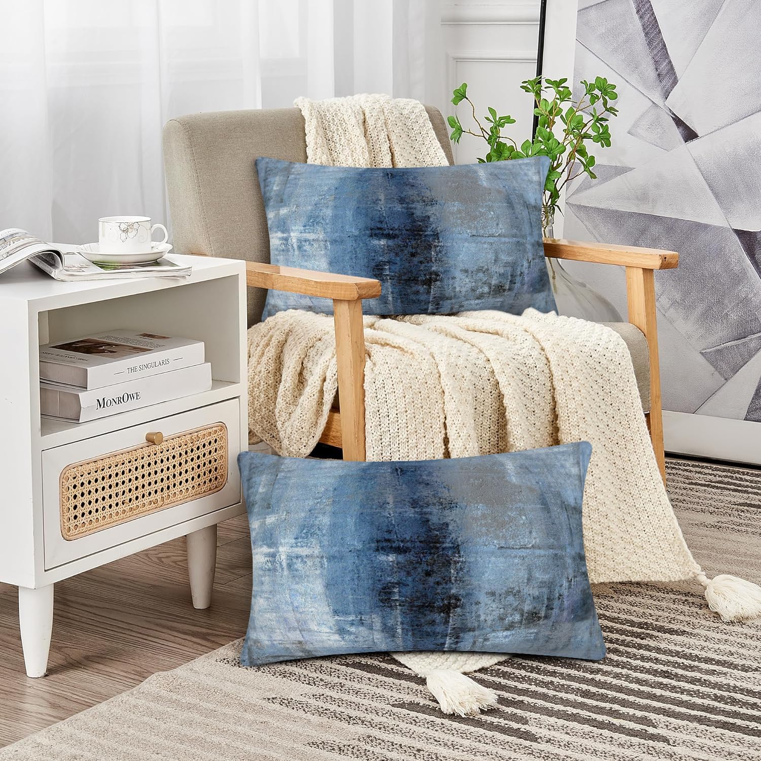 Blue and Grey Abstract Art Throw Pillow Covers Set of 2 - 12x20 Inch Modern Decorative Cushion Covers for Sofa, Bedroom & Living Room - Perfect for Home Decor, Accent Pillows and Cozy Interior Styling