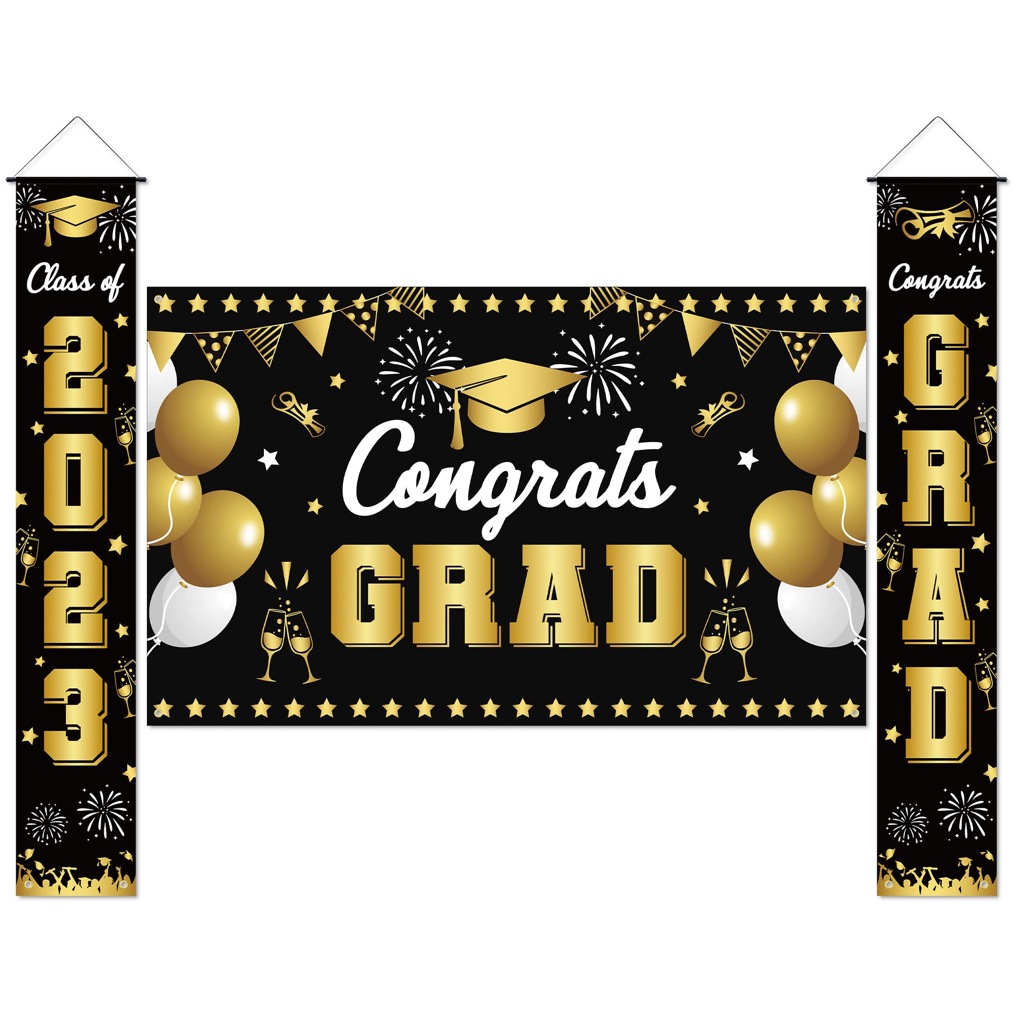 2023 Graduation Banner Decorations - Black Gold GRAD Hanging Door Porch Banner for Graduation Party Supplies | Class of 2023 Photo Backdrop & Party Decor | Perfect for Graduation Ceremonies, Home Decor, and Celebration Photos