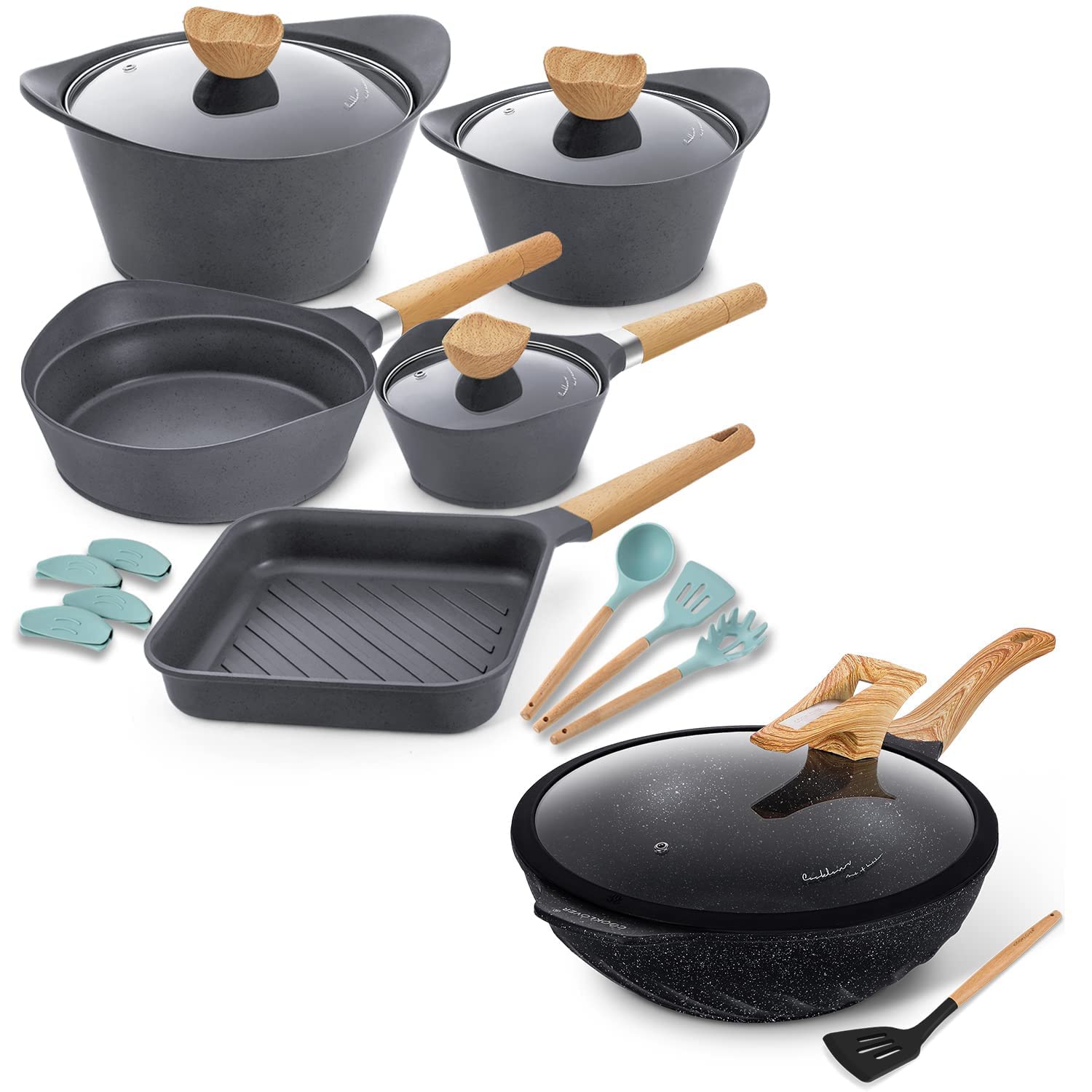 Non-Stick Induction Cookware Set - 15-Piece White Kitchen Utensils & 12.6-Inch Wok Pan - Safe for Gas, Electric & Induction Stoves - Perfect for Stir-Fry, Sauteing & Family Cooking