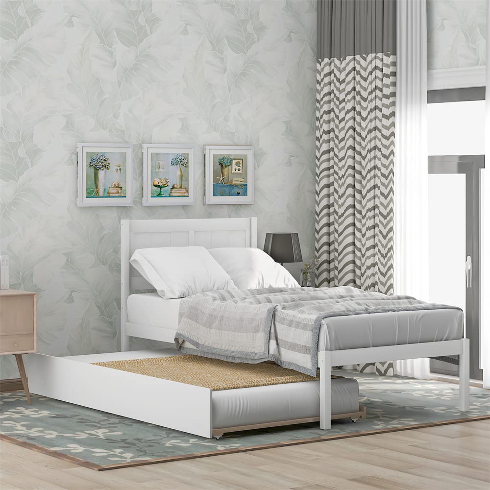 Solid Wood Twin Size Platform Bed Frame with Headboard & Trundle - Sturdy Wood Slat Mattress Foundation, Under-Bed Storage - No Box Spring Needed - Perfect for Teens, Adults, Small Bedrooms & Guest Rooms - White