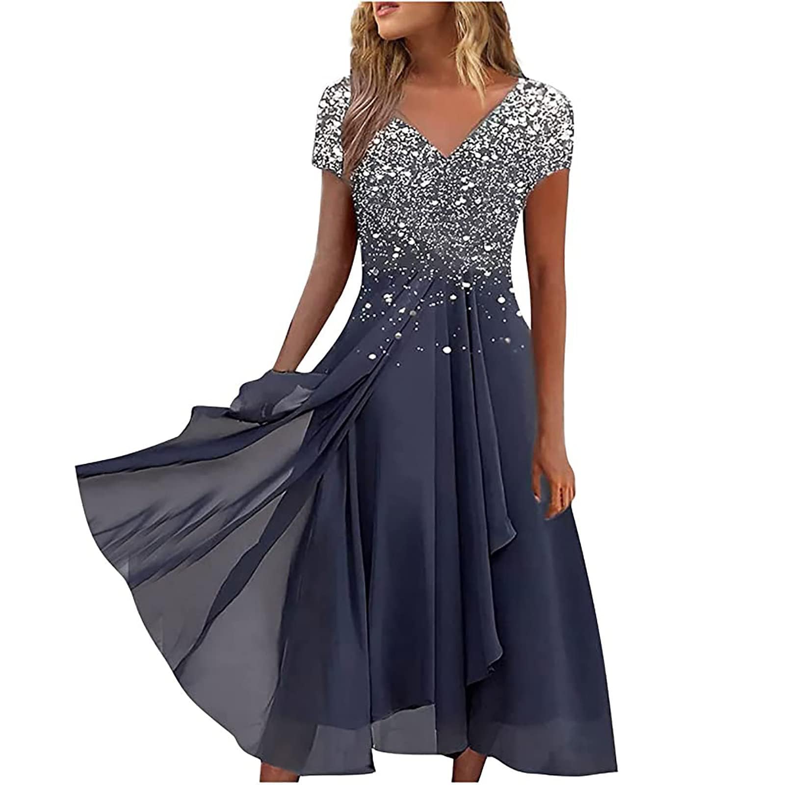 Elegant Floral Print Chiffon Midi Dress for Women - Summer Wedding Guest Cocktail Dress with V-Neck & Short Sleeves | Perfect for Garden Parties, Bridal Showers & Formal Events