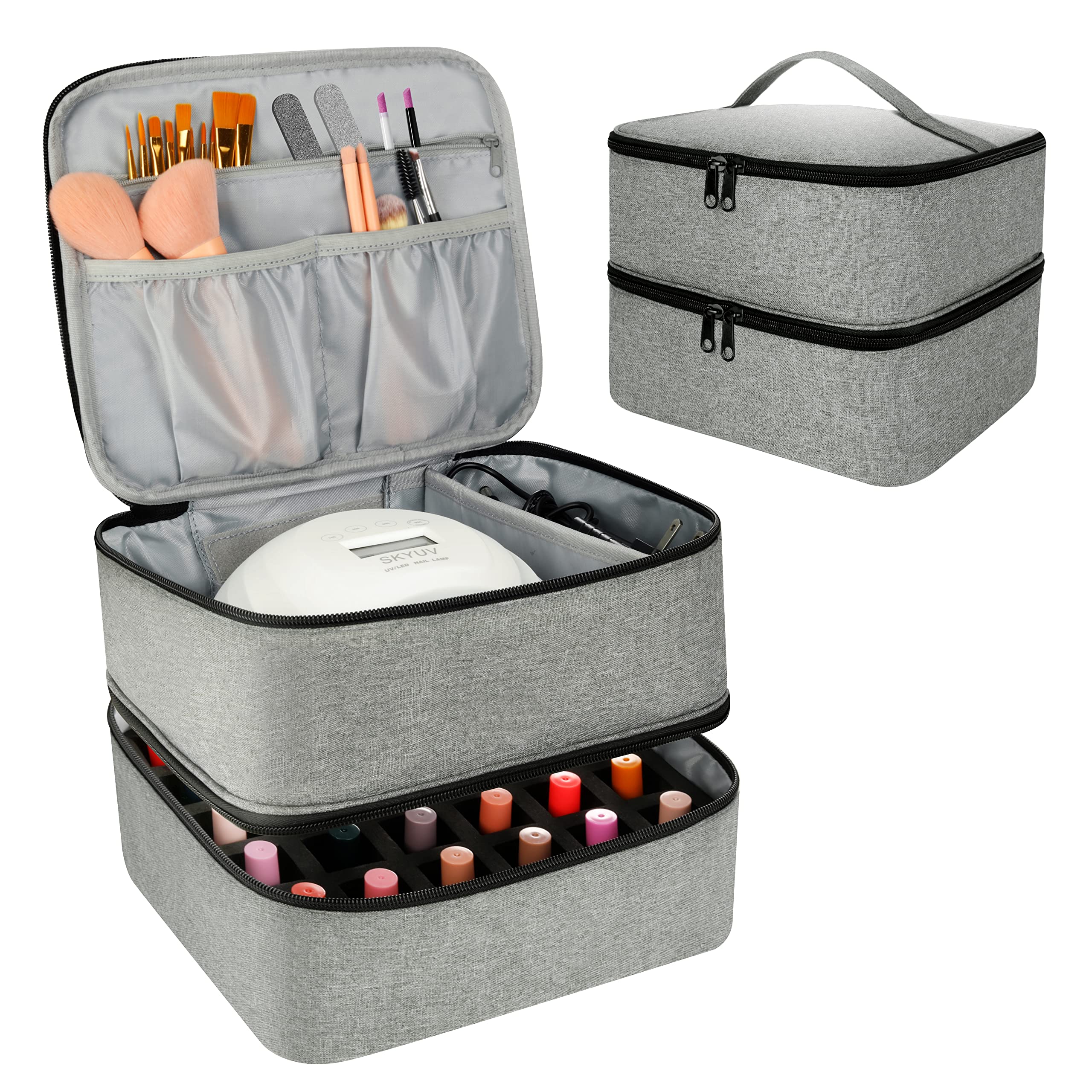Double-Layer Nail Polish Organizer Bag - Holds 30 Bottles & Nail Lamp, Professional Nail Kit Storage Carrying Case (Gray) - Perfect for Salon Professionals & Home Manicures