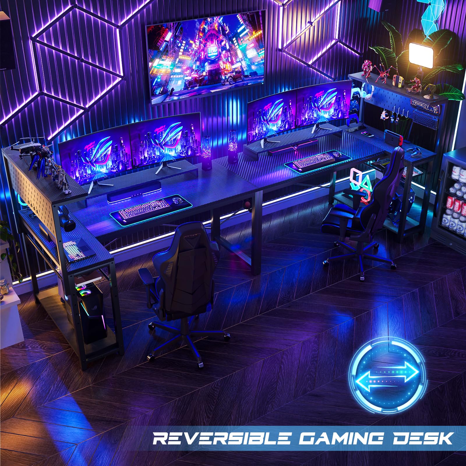 Homieasy 51 Inch L-Shaped Gaming Desk with Power Outlets, LED Light & Pegboard - Carbon Fiber Black Computer Desk with Monitor Stand, Storage Shelves & Headset Hooks - Perfect for Small Spaces, Home Office & Gaming Setup
