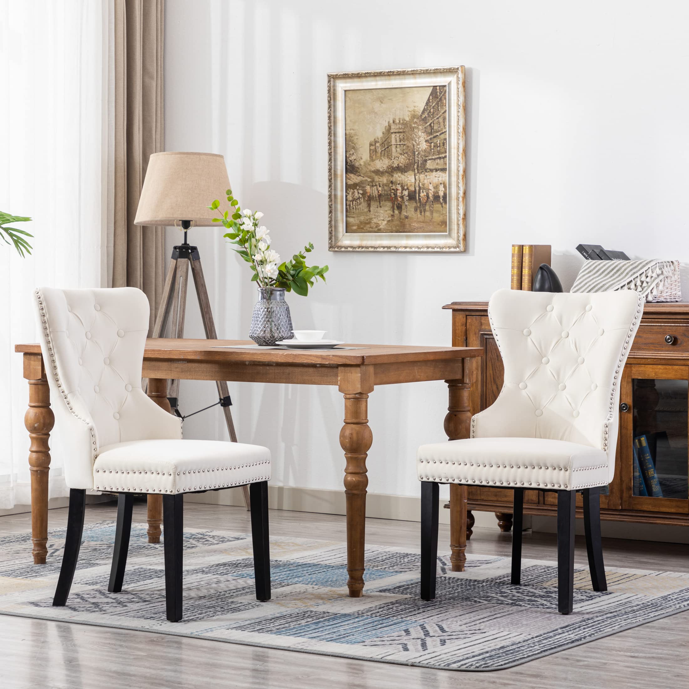 WestinTrends Velvet Dining Chairs Set of 4 - Modern Wingback Upholstered Button Tufted Kitchen & Dining Room Chairs with Solid Wood Legs - Cream - Perfect for Home, Restaurant & Office Decor