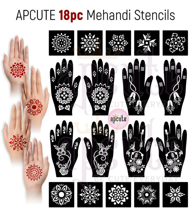 Apcute Temporary Mehndi Tattoo Henna Stickers Set - 18 Piece Combo Pack for Women, Girls & Kids | Easy 4-Step Application | Perfect for Weddings, Festivals & DIY Body Art