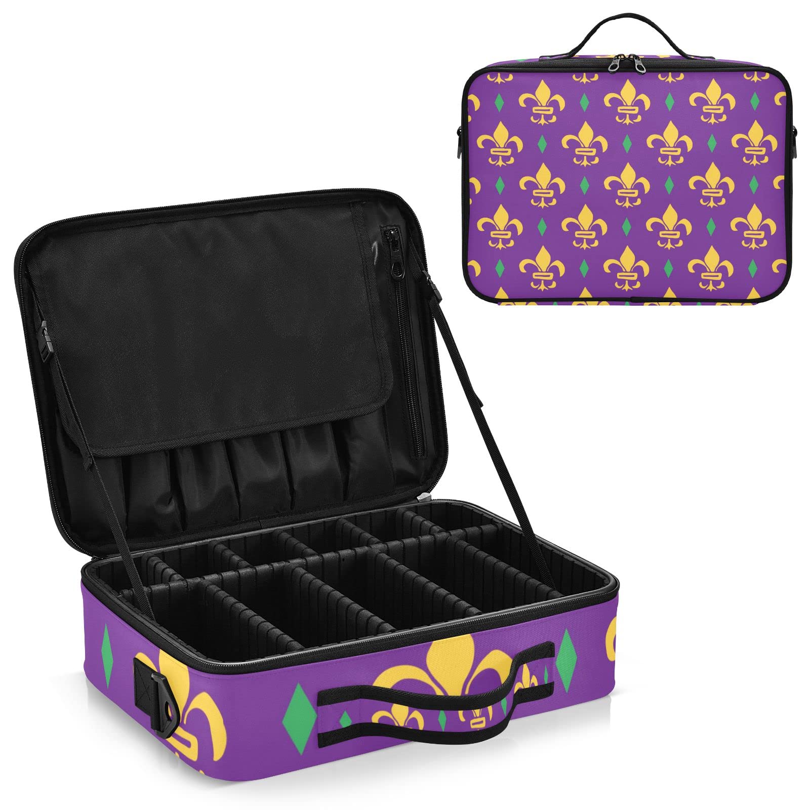 Premium Scottish Highland Cow Makeup Cosmetic Organizer Bag with Adjustable Dividers - Large Toiletry Case for Travel & Storage (Mardi Gras Purple Pattern) - Perfect for Travel, Home Organization & Gift Giving