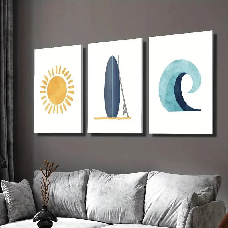3-Piece Orange Sun & Blue Surfboard Wall Art Set - Framed Canvas 40x60cm - High Quality Print - 100% Australian Made - Ready to Hang - Perfect for Beach House, Living Room & Bedroom Decor