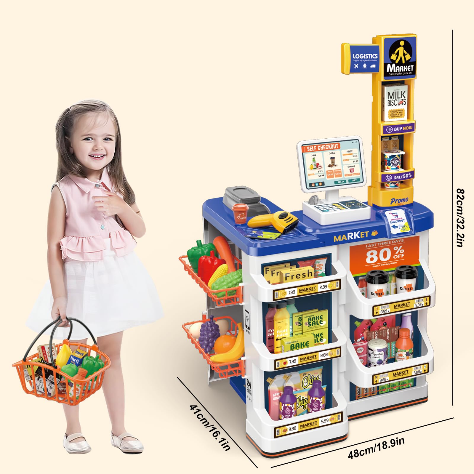 **deAO Pretend Play Grocery Store Toy Set for Kids - Supermarket Role Play with Shopping Basket & Cash Register - Christmas & Birthday Gift for Boys & Girls (Blue) - Perfect for Learning & Imaginative Play**