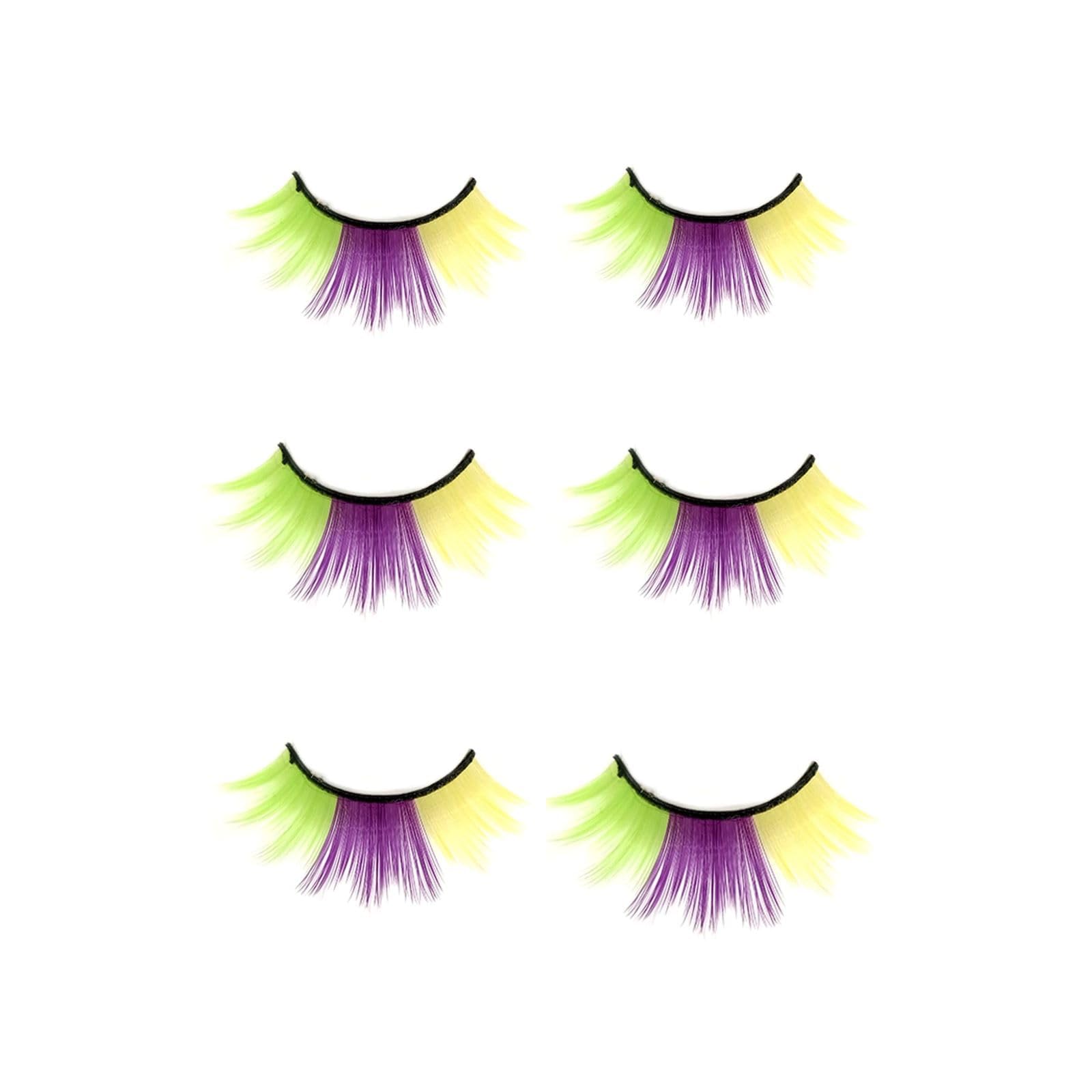 Purple Green Yellow Mardi Gras Fake Lashes - 3D Curl Salon Extensions, 3 Pairs Natural Thick Multi-layer Strip Lashes for Festival, Party & Cosplay | Halloween, Carnival & Costume Makeup
