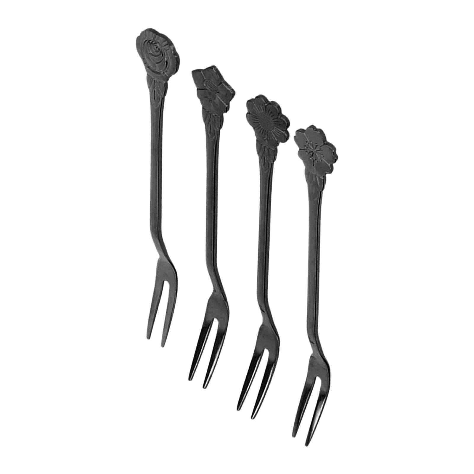 4-Piece Stainless Steel 2-Prong Fruit Forks - Mini Salad & Dessert Tasting Forks for Home, Kitchen, Party - Durable Ruthenium Black (Perfect for Fruit Platters, Cheese Boards & Appetizers)