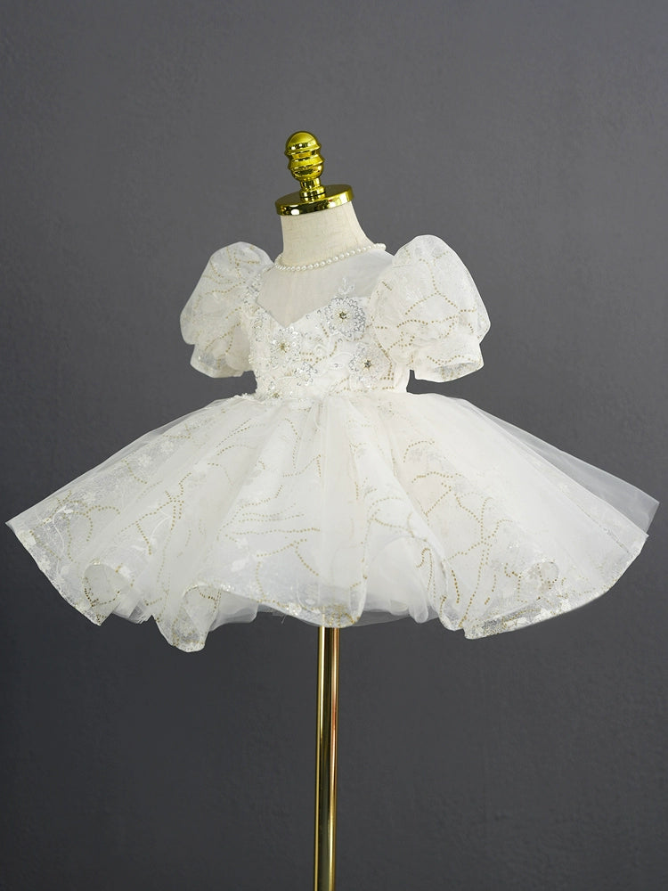 White Princess Sweetheart Tea-Length Tulle Flower Girl Dress for Weddings, First Communion & Special Occasions