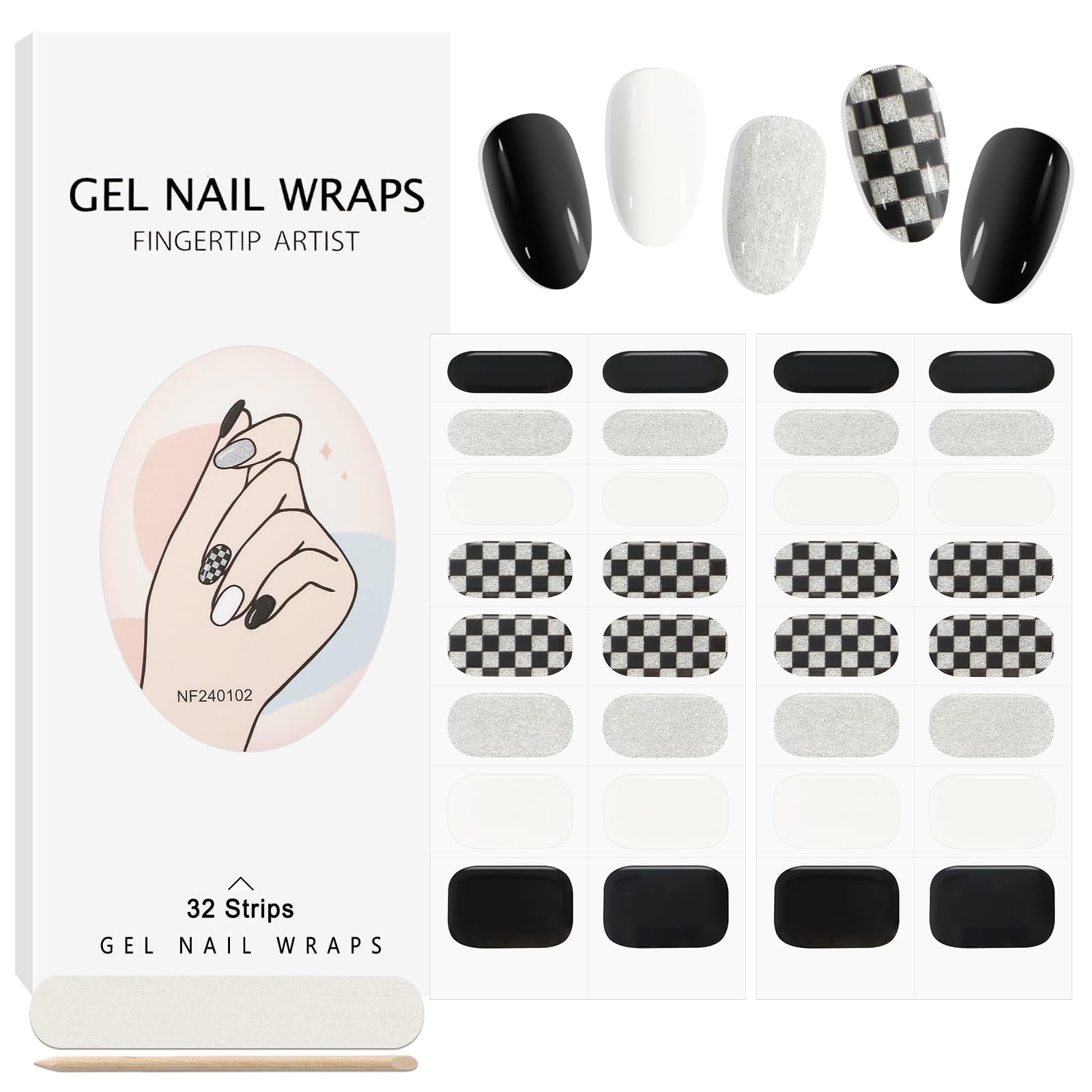 32PCS Semi-Cured Gel Nail Strips - Long Lasting Nail Polish Stickers with Shiny Finish | Full Coverage Nail Wraps for Gel Nail Art | UV/LED Lamp Required | Black Plaid Design | Perfect for Home Manicures, Parties & Special Occasions