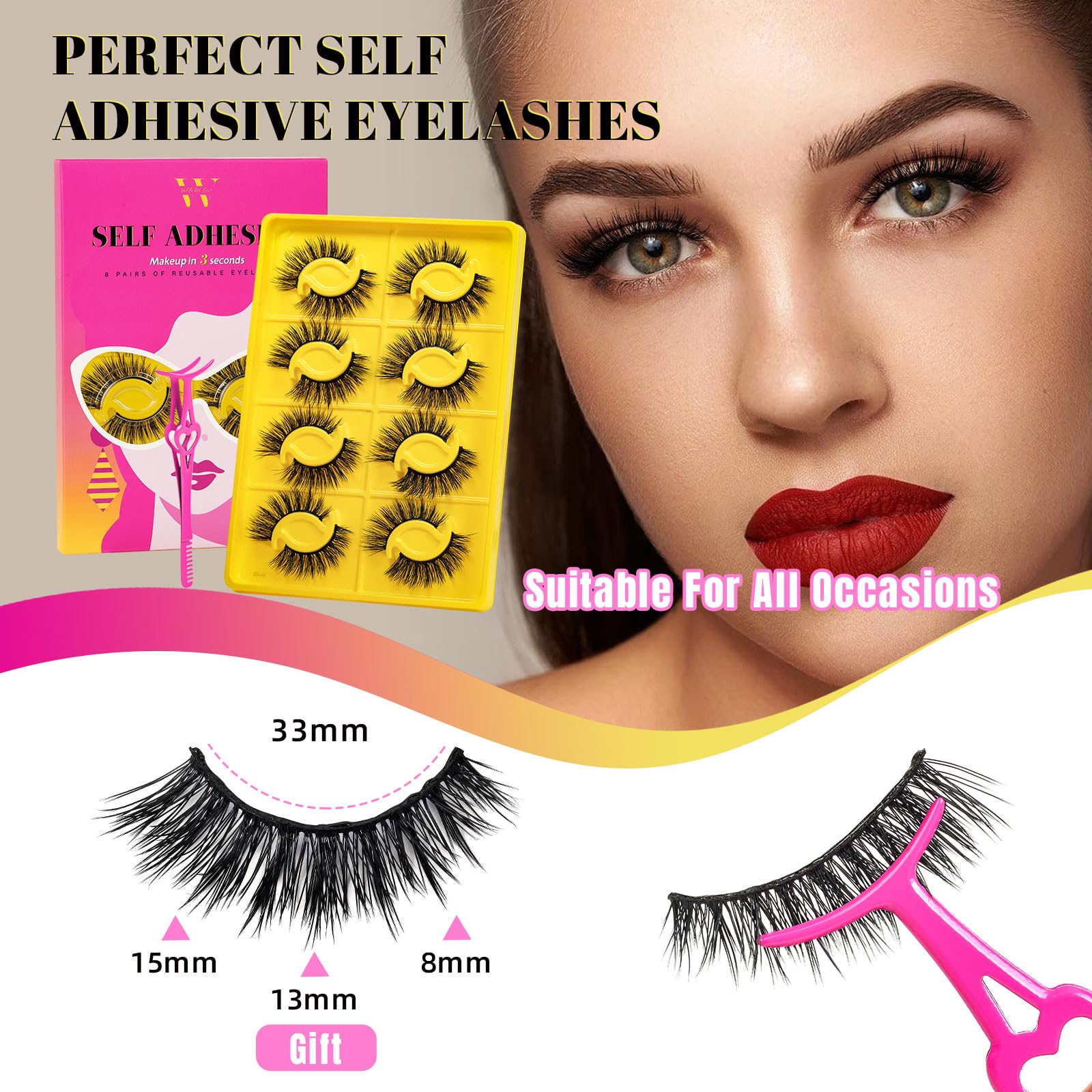 Self Adhesive Eyelash Clusters - 8 Pairs Reusable No Glue Needed Lashes with Tweezers for DIY Lash Extensions at Home | No Sticky Residue, D-Mix 8-16mm Kit by WLFRHD | Perfect for Parties, Weddings & Everyday Glam
