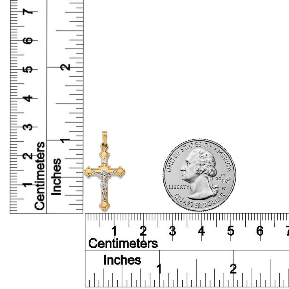 14K Two-Tone Yellow Gold & White Gold INRI Crucifix Pendant Necklace - Polished Cross with Budded Edges - Religious Jewelry Gift for Women & Men - Perfect for Baptism, First Communion, Confirmation & Daily Wear