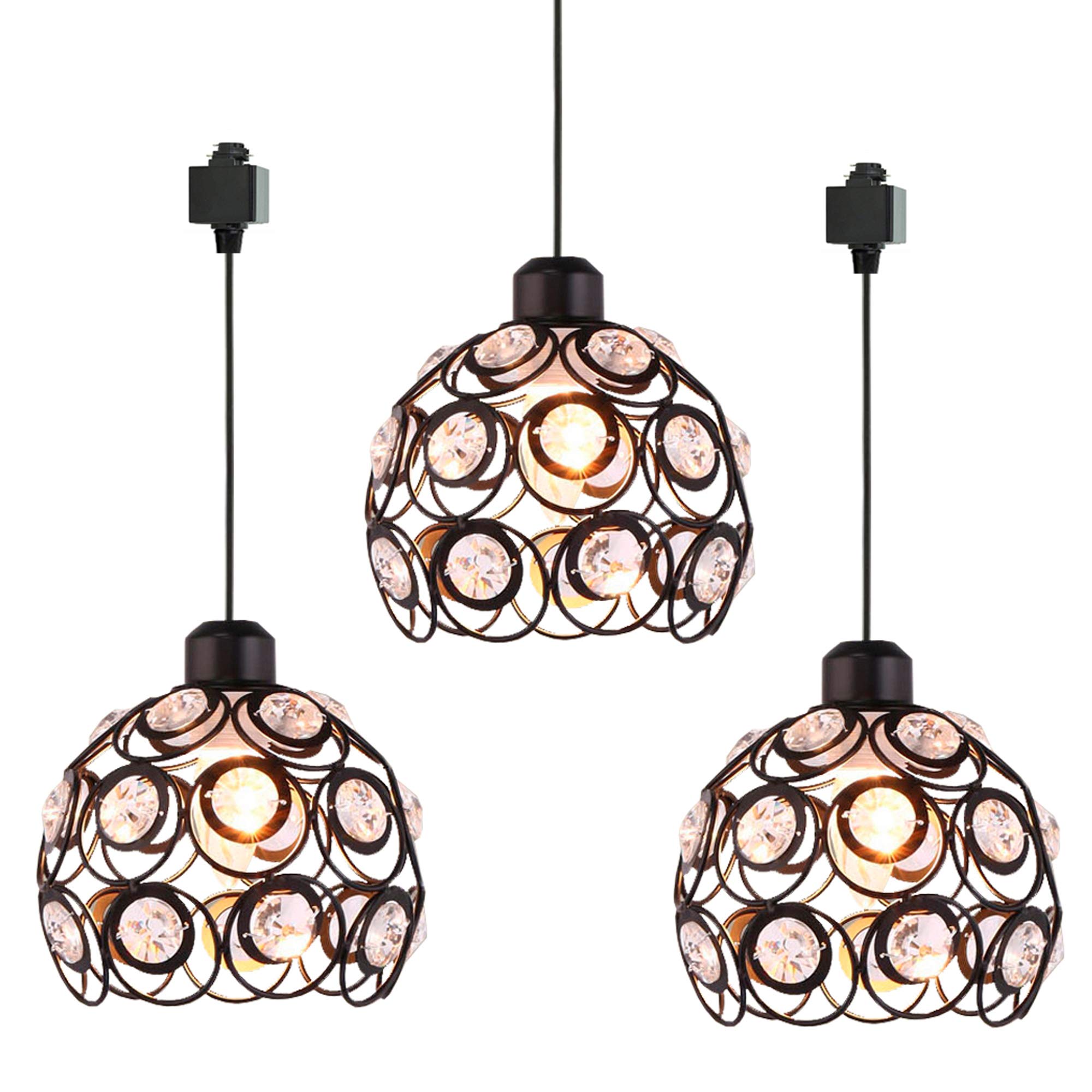3-Pack H-Type Track Light Pendants with Crystal Lampshade & Black Iron Cage - Modern Restaurant Chandelier Lighting (Bulb Not Included) - Perfect for Dining Rooms, Cafes and Commercial Spaces