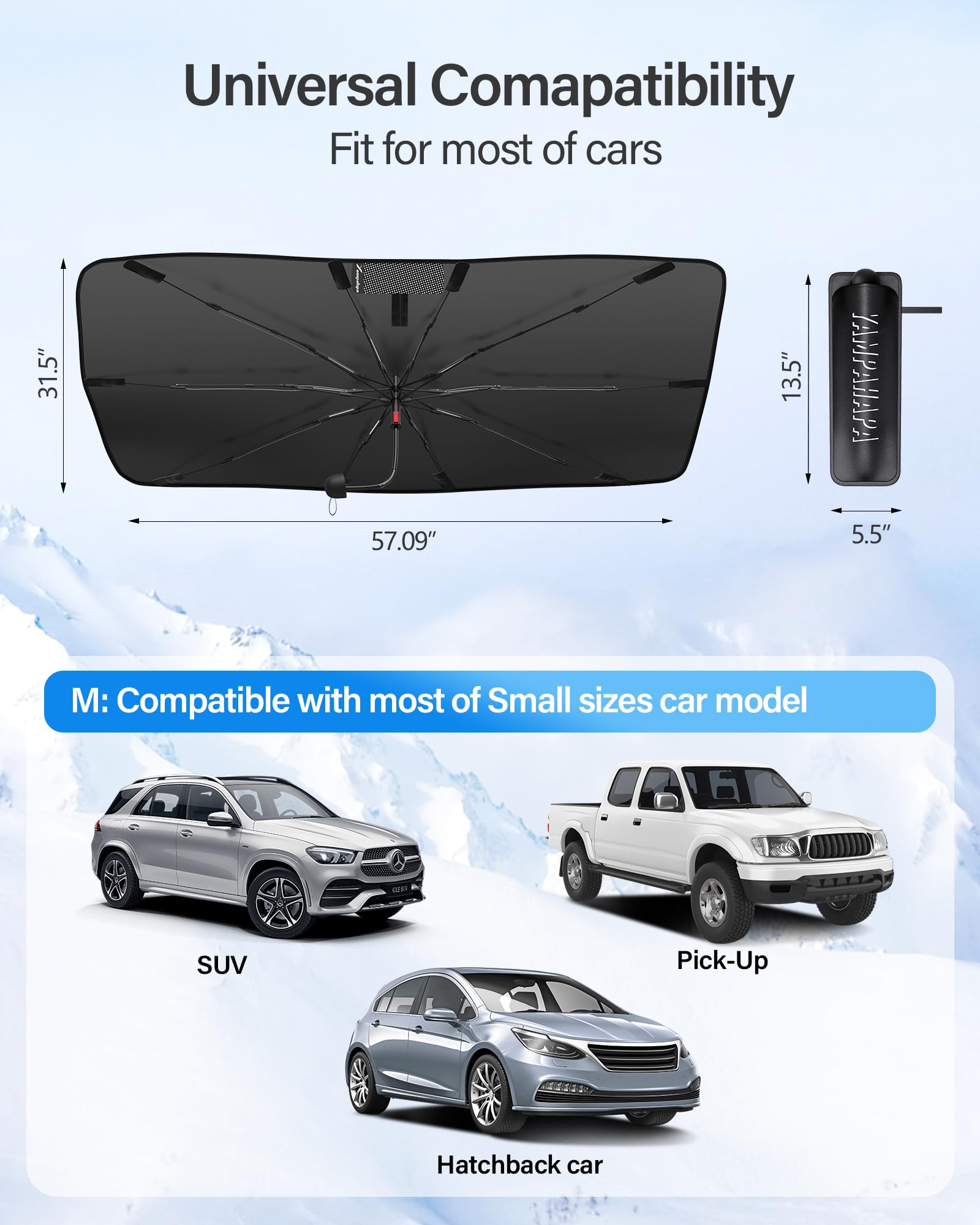 2024 Upgraded Car Windshield Sun Shade - Foldable UV Block Sunshade with 360° Rotating Handle | Nano Ice Crystal Cooling Technology | Universal Fit for Sedans (57x31 inches) | Perfect for Summer Parking & Heat Protection