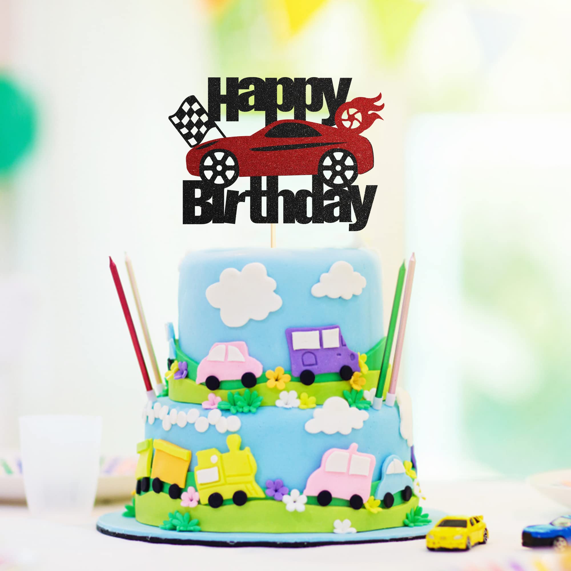 Siipoo Glitter Car Birthday Cake Topper - Black Red Glitter Race Car Decor for Race Car Themed Party Supplies, Perfect for Kids' Birthday Cakes and Decorations