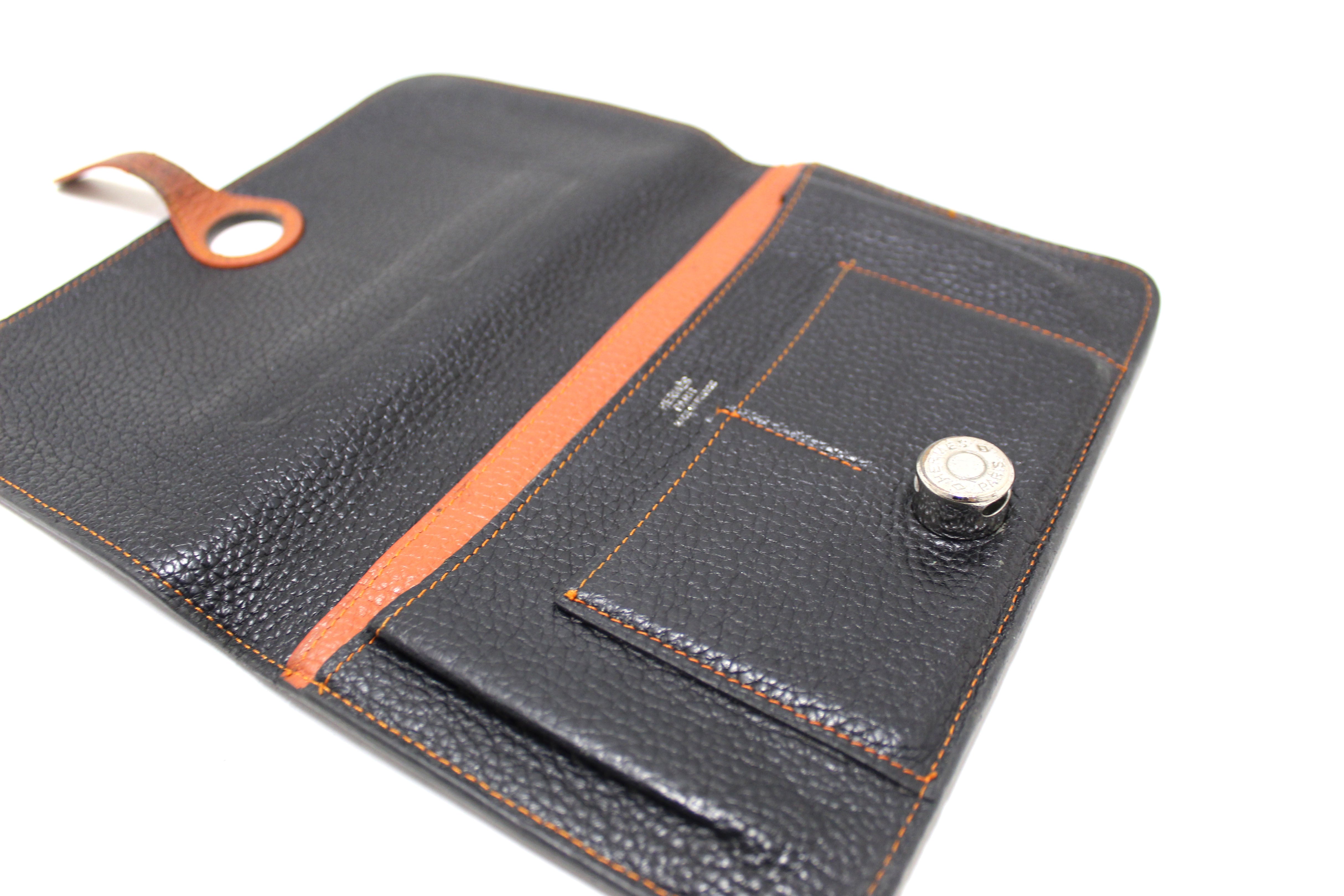 Authentic Hermes Black & Brown Bi-Color Togo Leather Dogon Wallet for Men - Luxury Bifold Credit Card Holder for Everyday Use & Travel