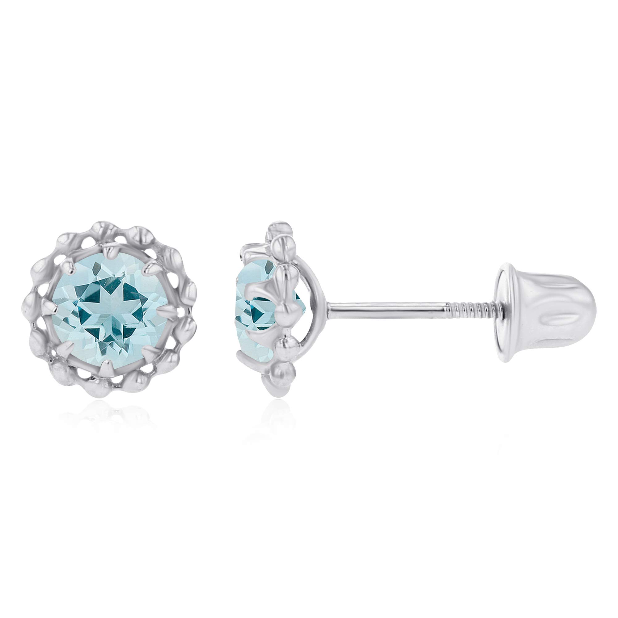 14K Gold Textured Halo Birthstone Stud Earrings for Women | 6mm Screw Back Earrings with 4mm Round Natural Birthstone | Perfect for Everyday Wear, Gift Giving & Special Occasions