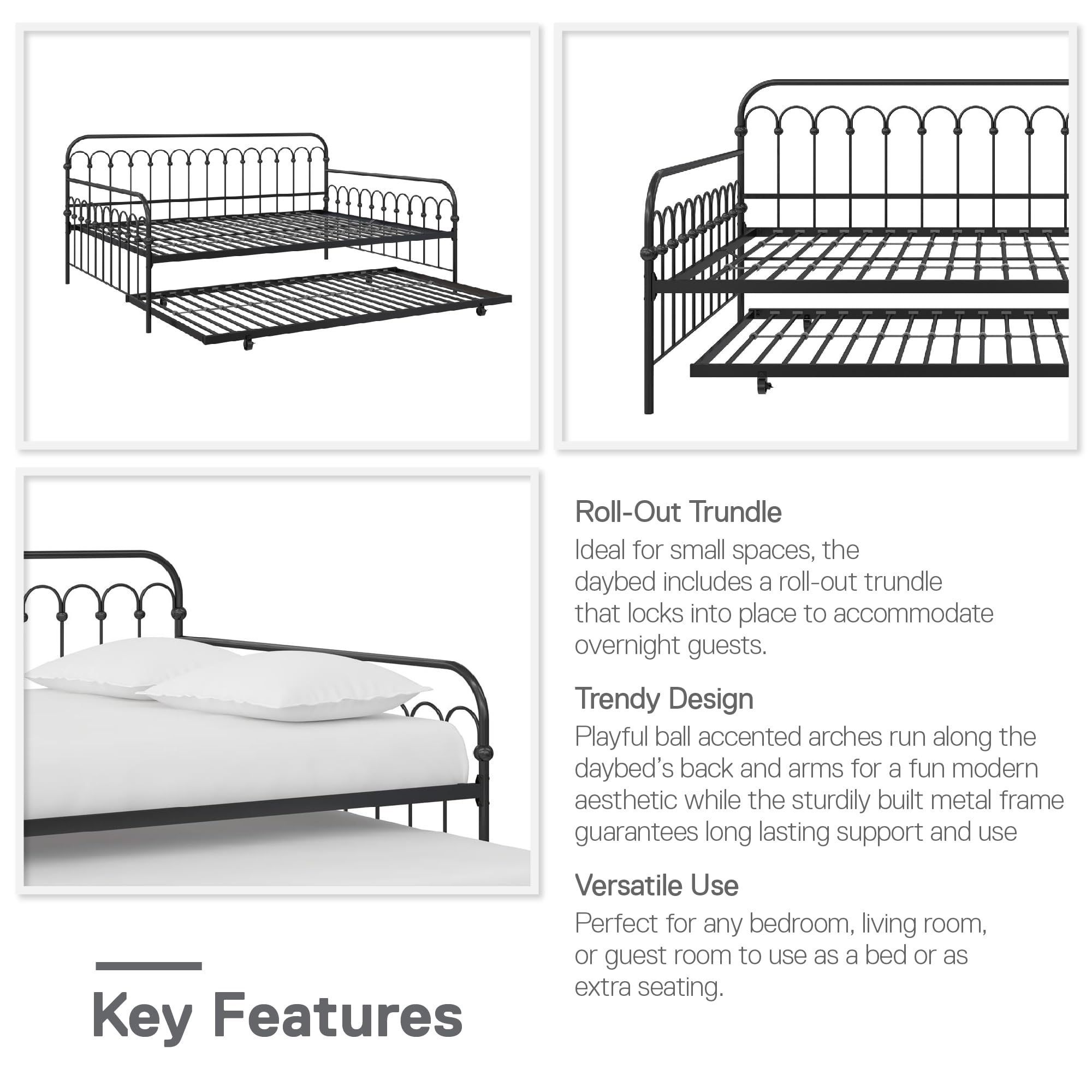 Novogratz Bright Pop Full Metal Daybed with Twin Trundle Bed - Modern Black Metal Frame Sleeper Sofa for Small Spaces, Guest Room & Dormitory