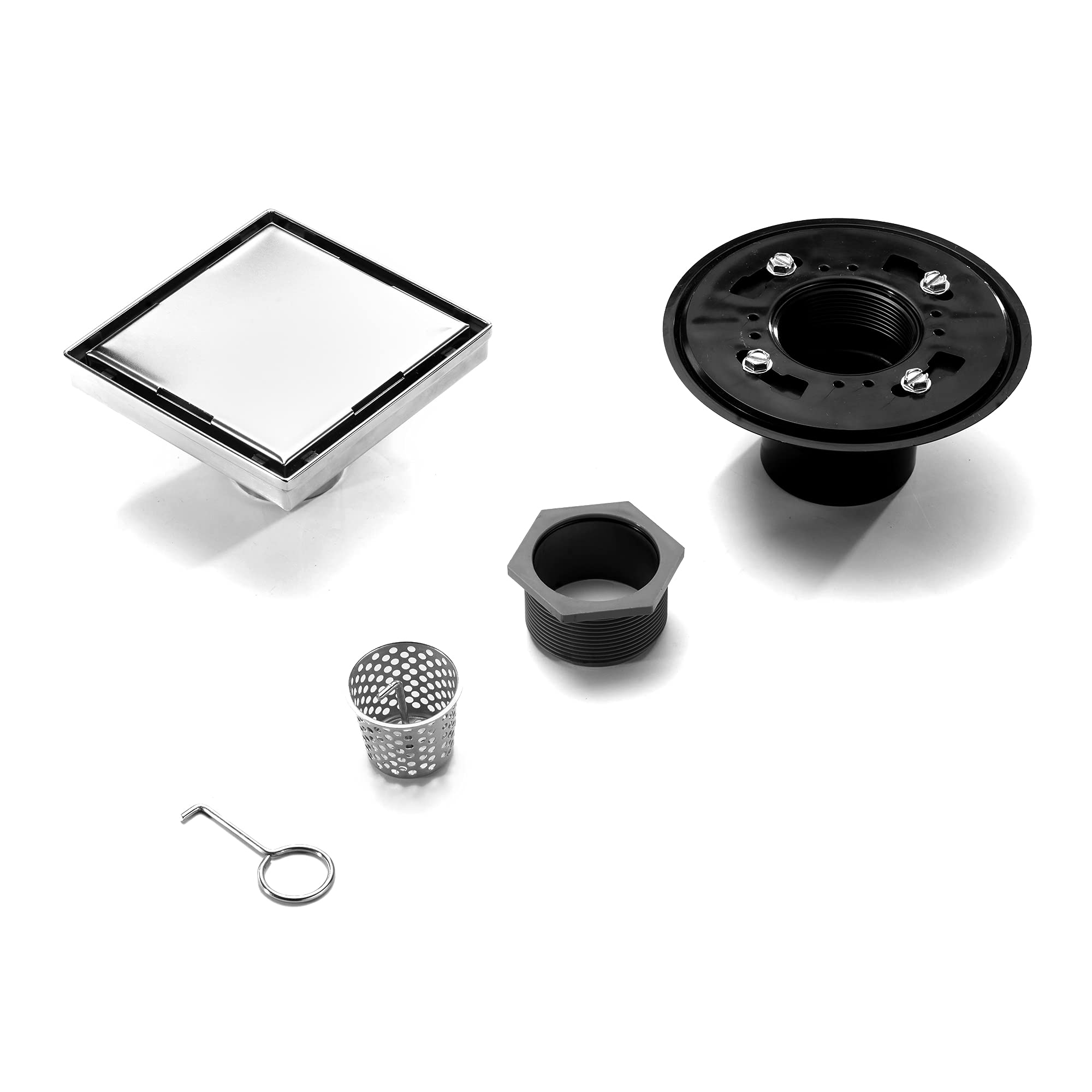 HEATGENE 6-Inch Square Shower Drain with Flat Cover - Stainless Steel Floor Drain with Hair Strainer & 2-in-1 Flat/Tile Insert Cover - Brushed Finish for Bathroom, Shower Stall & Wet Room Installation