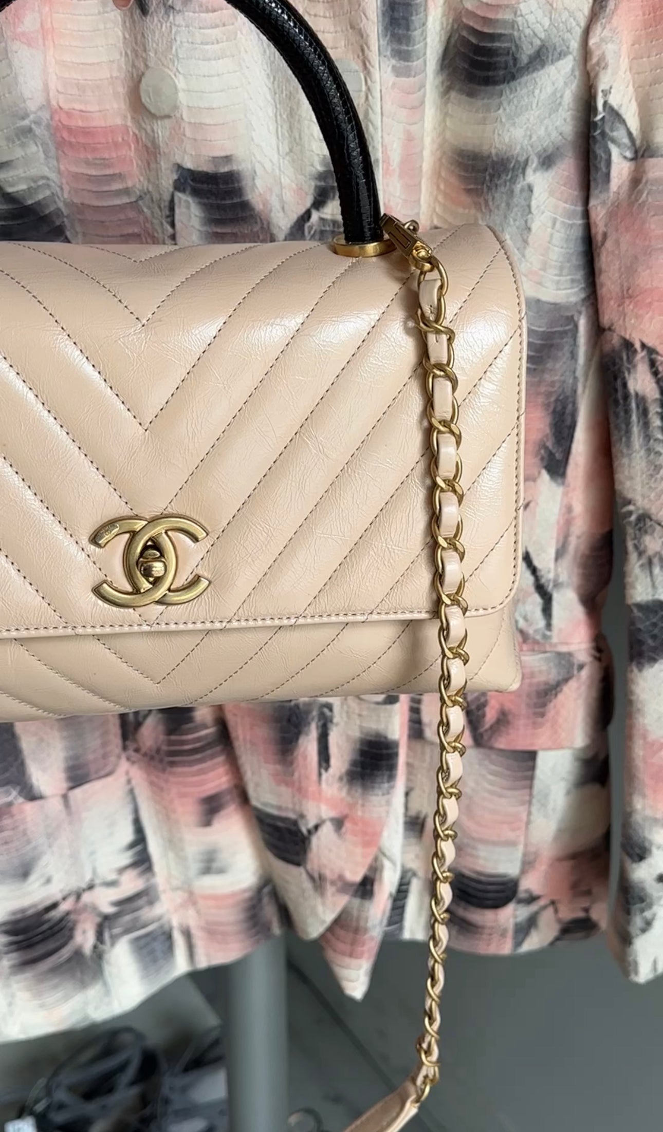 Chanel Nude Chevron Aged Leather Exotic Top Handle Flap Bag - Luxury Designer Handbag for Women, Perfect for Parties, Work & Special Occasions