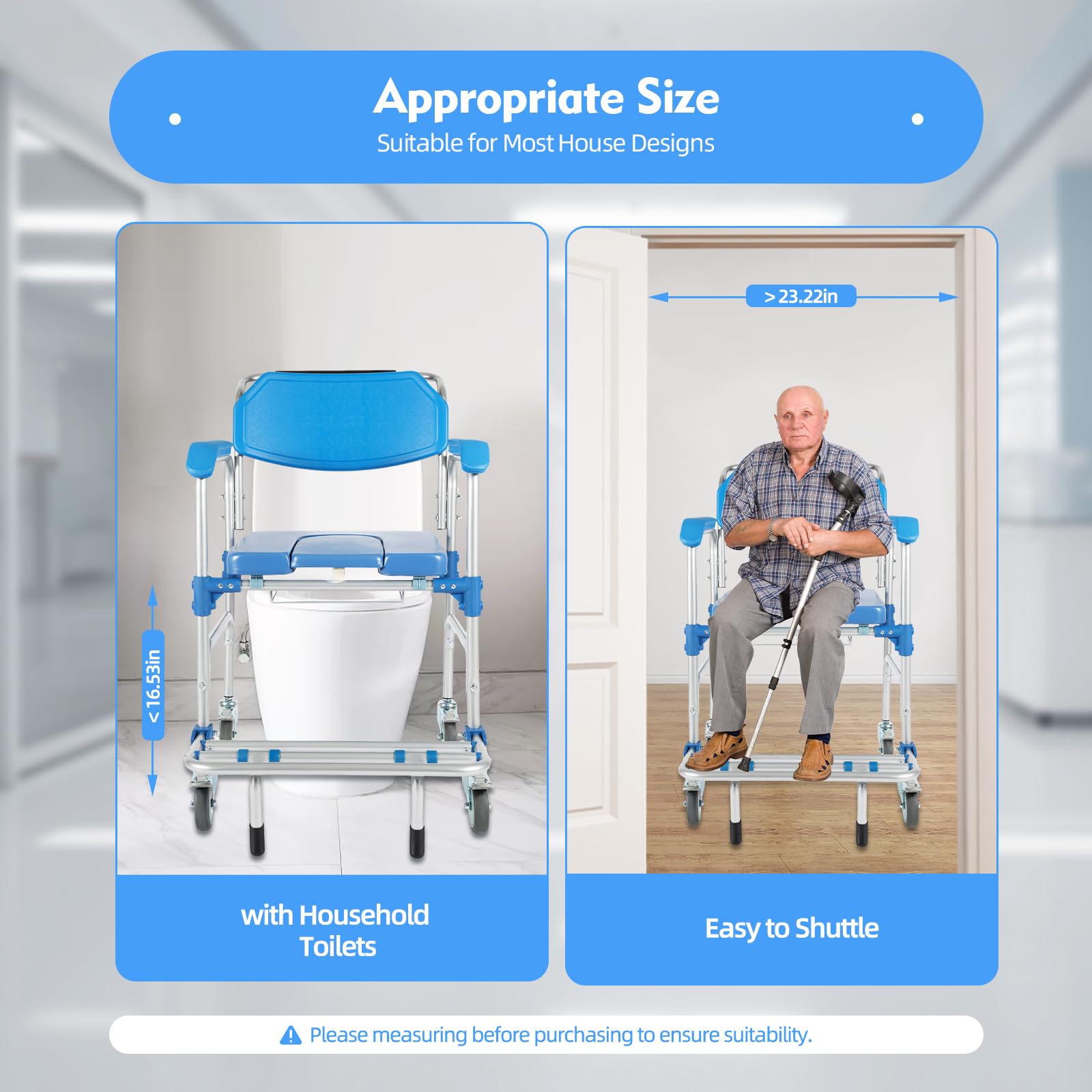 Portable Aluminum Wheelchair Shower Commode Chair with Casters - Lightweight Medical Mobility Aid for Elderly & Disabled - Ideal for Bathroom Safety, Home Care & Assisted Living Facilities