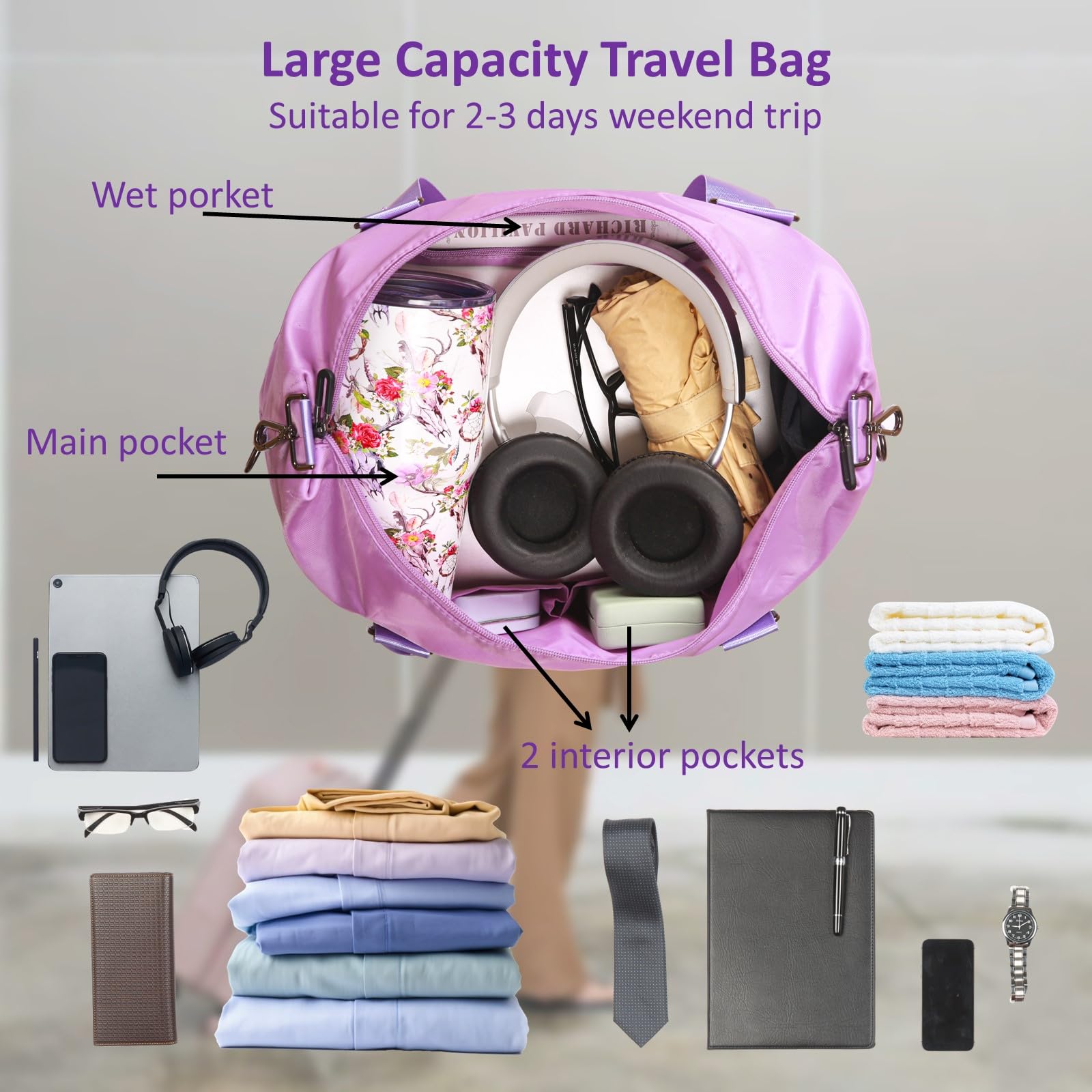 **Purple Waterproof Travel Duffel Bag with Trolley Sleeve & Shoulder Strap - Large Weekender Overnight Gym Bag for Women, Sports Tote Carry On Essentials - Perfect for Travel, Gym, Workout & Weekend Getaways**