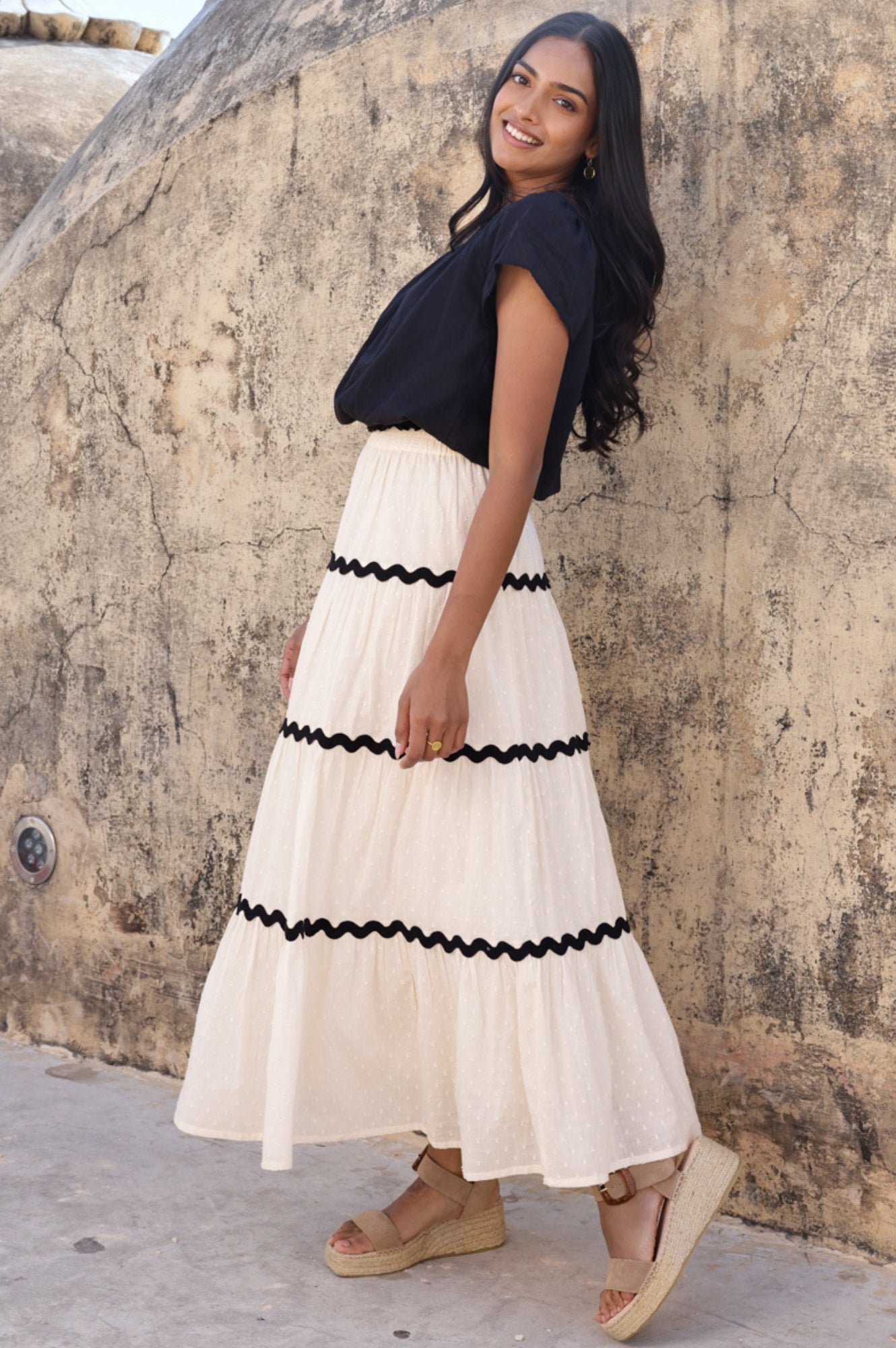 Organic Cotton Dobby Ric Rac Skirt - Vintage Cream & Black | Boho Summer Dress, Beach Outfit, Casual Chic Fashion