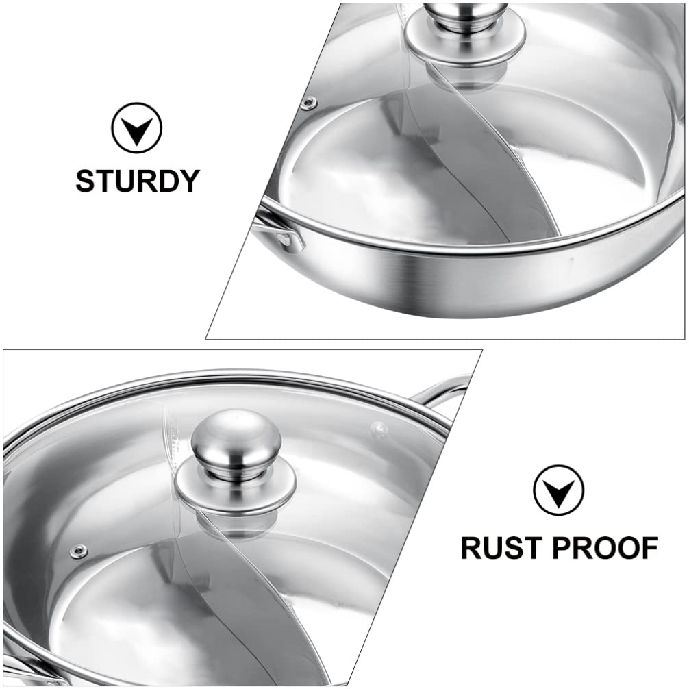 Stainless Steel Dual Flavor Hot Pot with Glass Lid - 2-in-1 Mandarin Duck Hot Pot for Soup, Shabu Shabu & Fondue - Kitchen Cookware with Handles for Home Dining & Party Serving