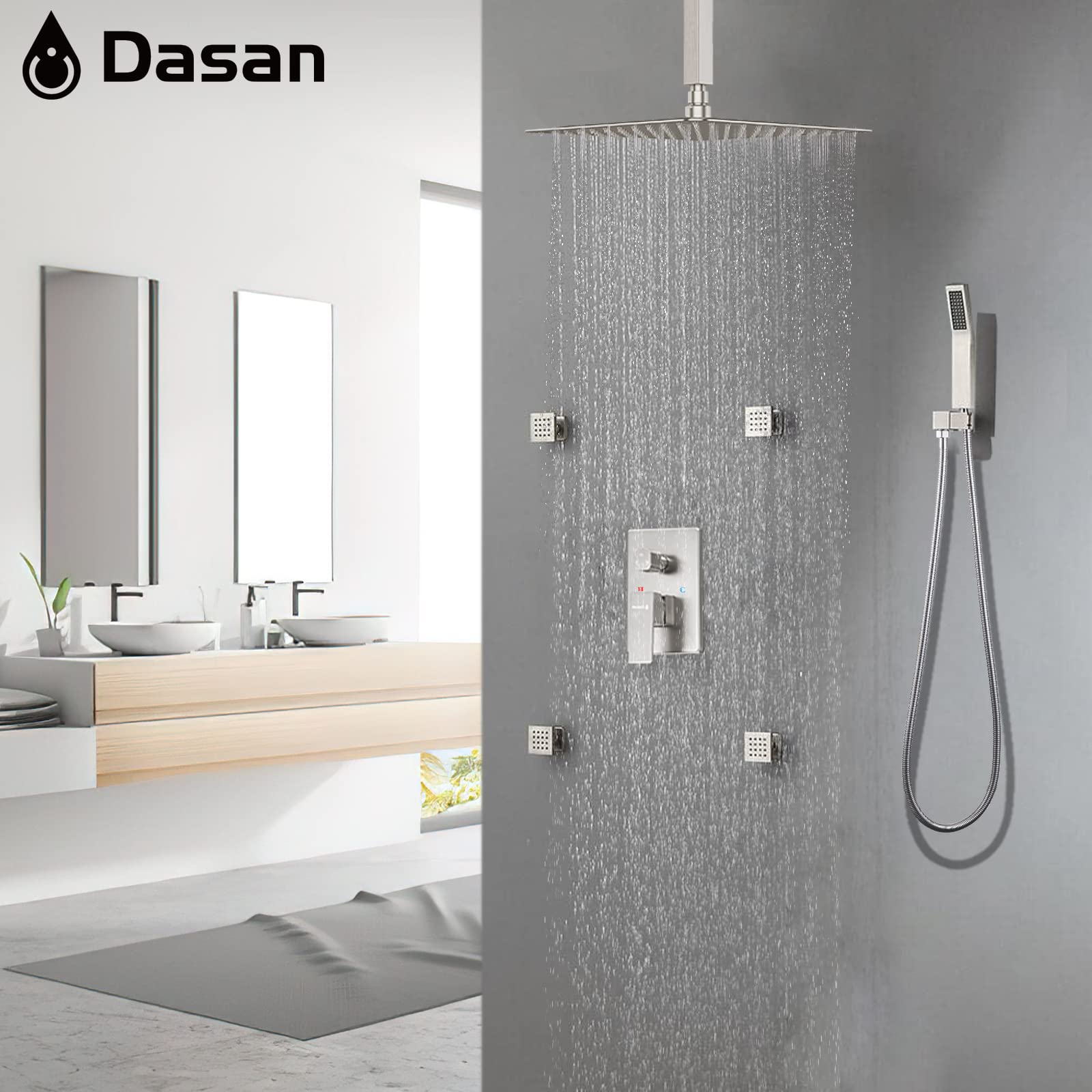 Premium Brushed Nickel Shower System - 4 Body Spray Jets, 12
