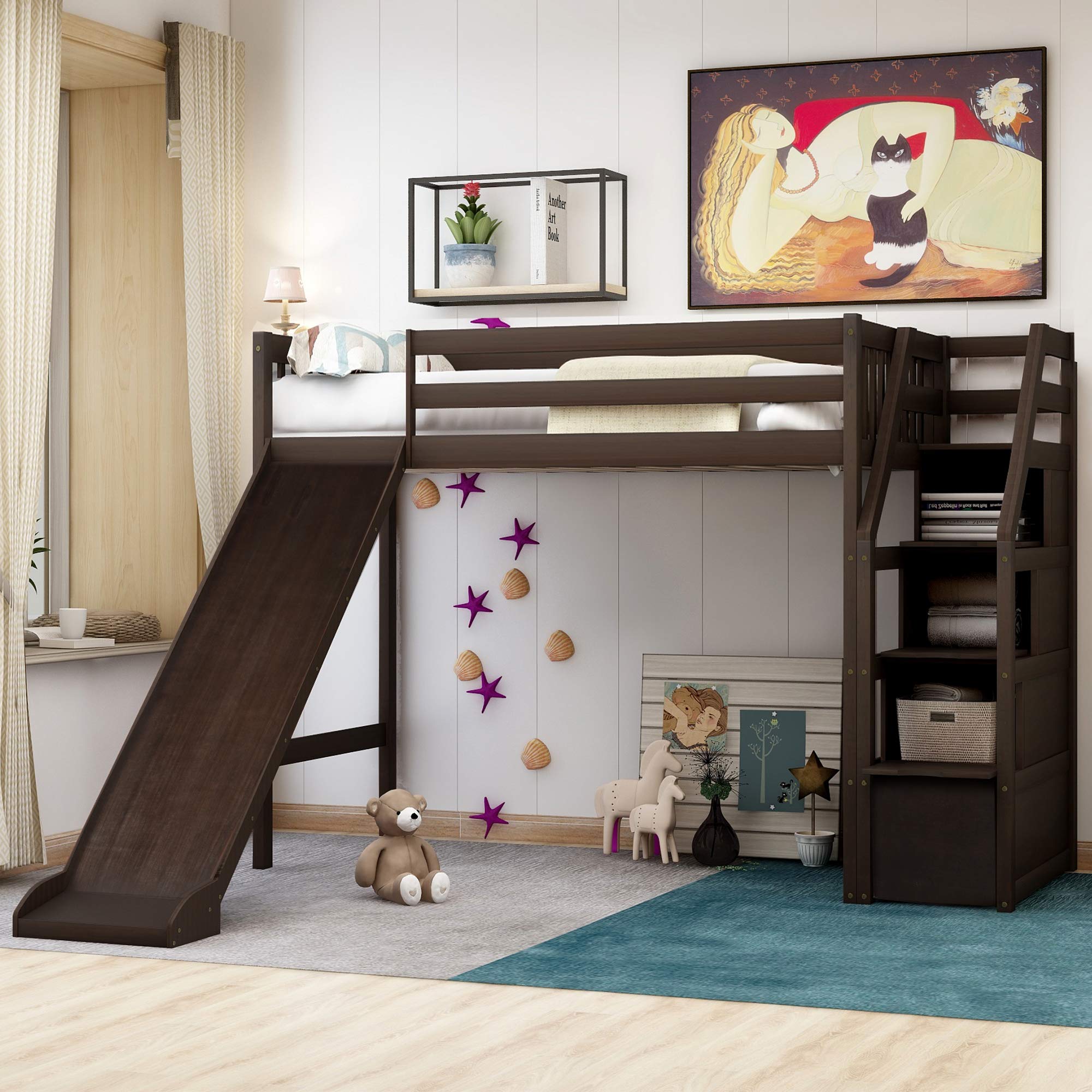 Kids & Teens Wood Loft Bed with Slide, Staircase & Storage - Twin Size, No Box Spring Needed, Espresso Finish - Perfect for Small Bedrooms & Playrooms