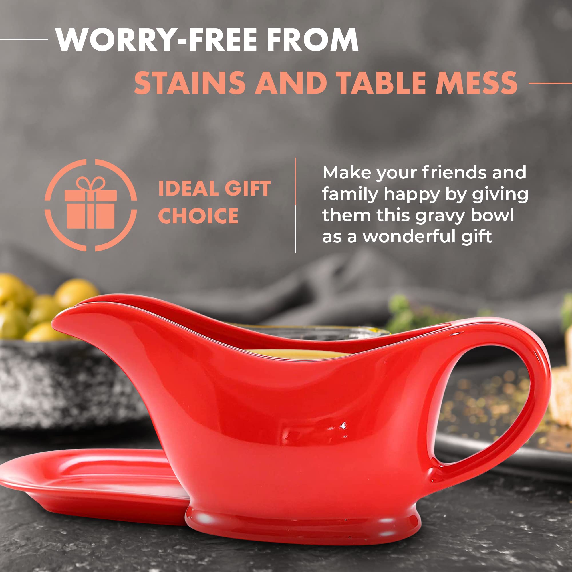 Bruntmor 11 Oz Red Ceramic Gravy Boat with Tray - Elegant Sauce Dispenser & Serving Dish for Thanksgiving, Dinner Parties & Holiday Meals - Perfect for Gravy, Syrup & Condiments