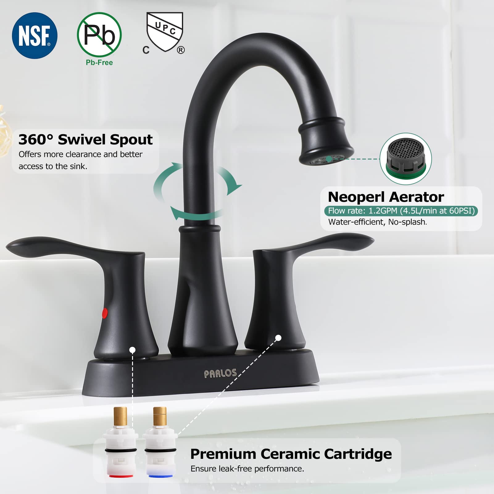 PARLOS Swivel Spout 2-Handle Bathroom Sink Faucet with Metal Pop-up Drain & Supply Lines - 1.2 GPM Low Flow Matte Black Lavatory Faucet for Bathroom Vanity, Powder Room & Guest Bath Installation