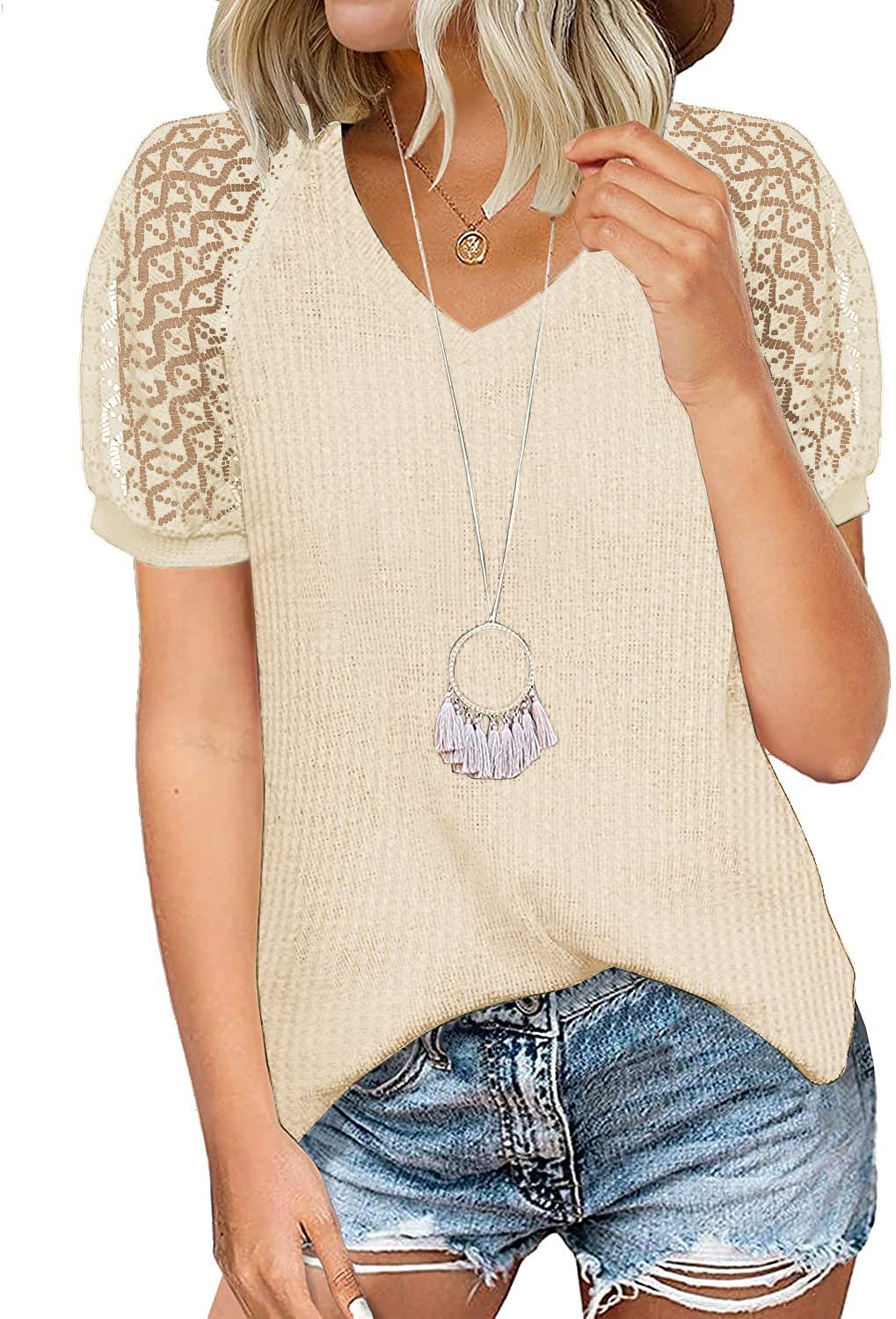 Elegant Women's Lace Sleeve Waffle Shirt - Sexy Casual Short Sleeve Summer Knit Top, Loose Fitted Tee for Daily Wear, Office & Date Night Outfits
