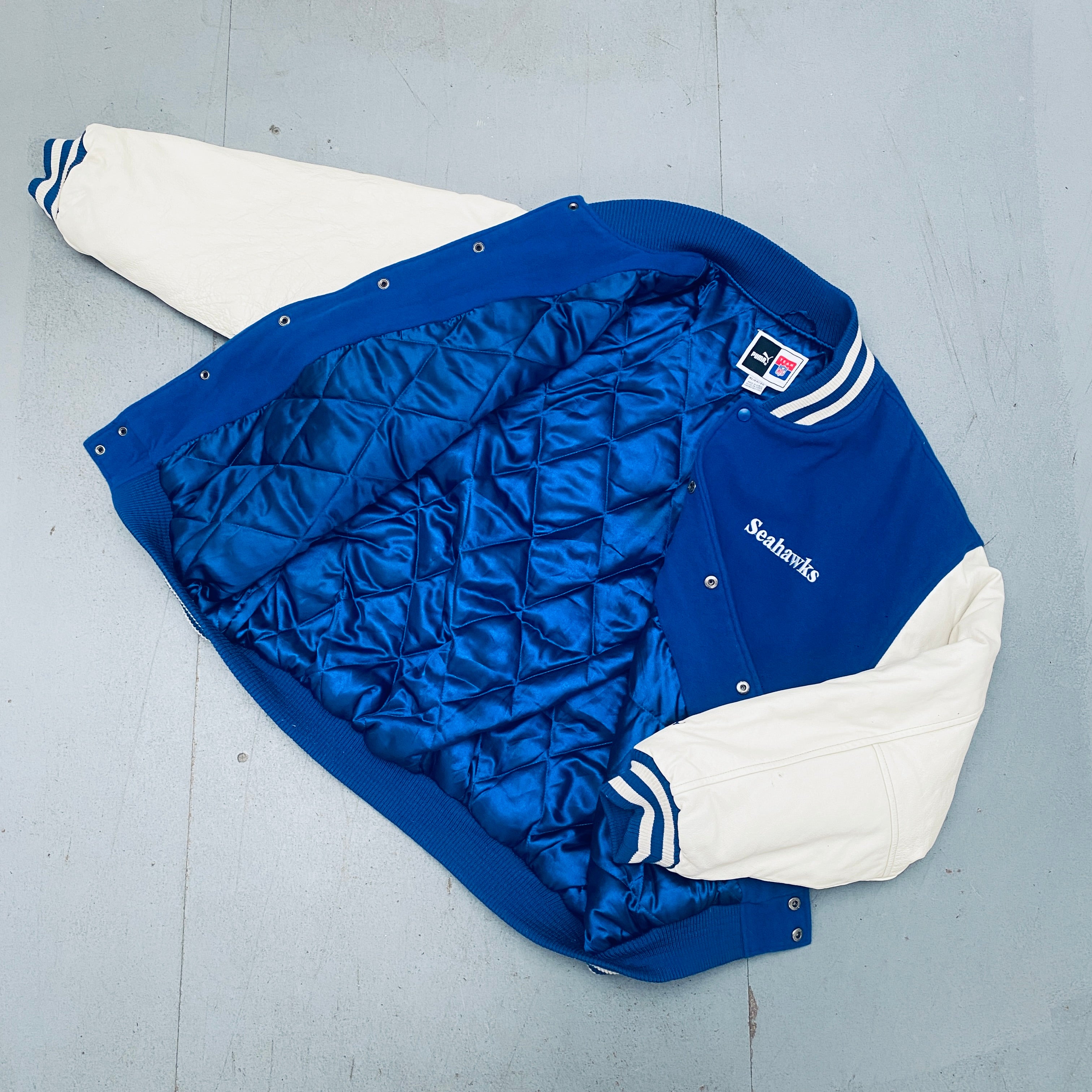 Seattle Seahawks 1990s Vintage Puma Leather Sleeve Wool Varsity Jacket XL - Retro Football Fan Gear for Game Day & Casual Wear