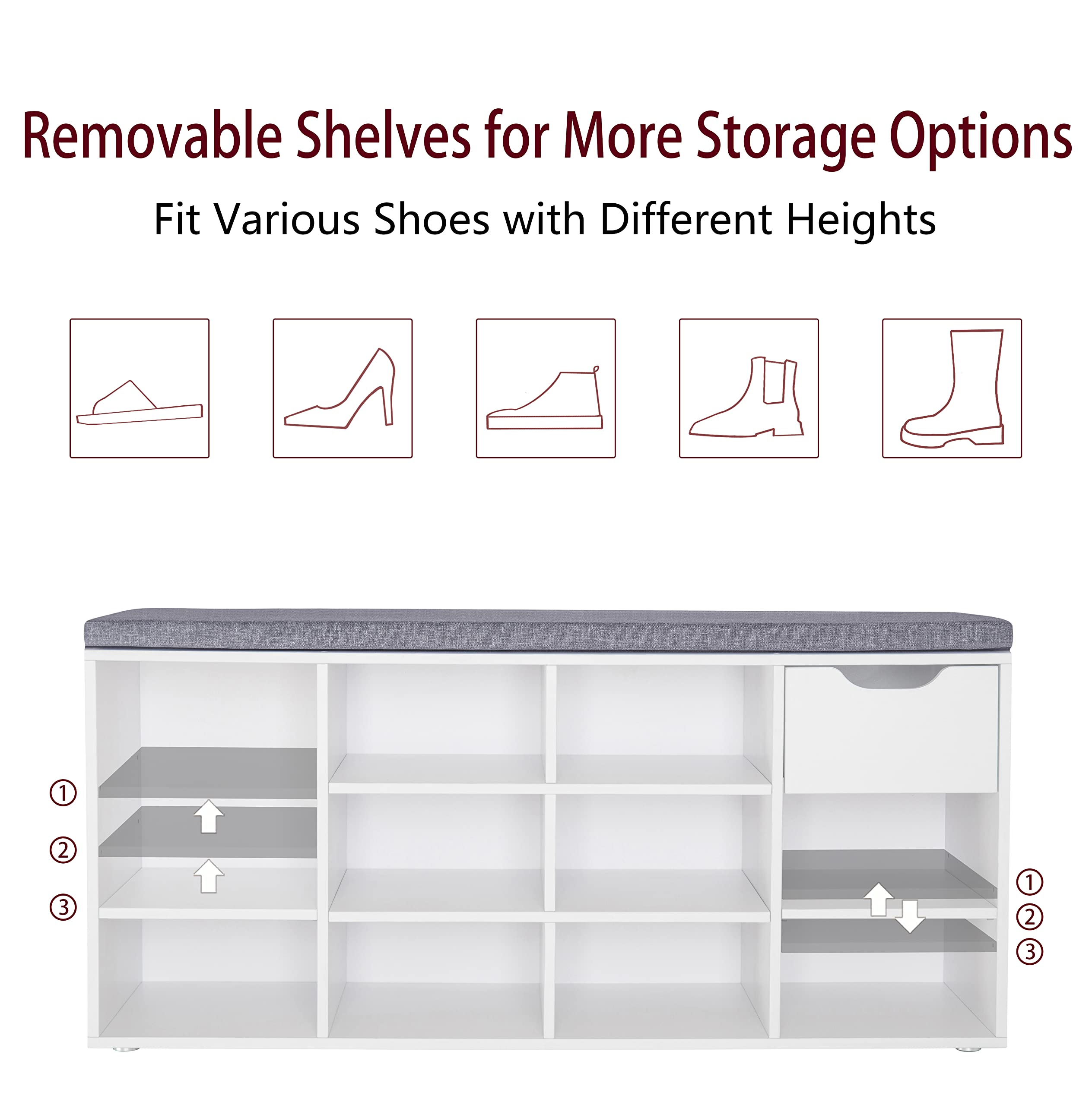 DINZI LVJ Shoe Bench with Drawer & 11 Cubbies - Adjustable Shelves Shoe Organizer Cabinet for Entryway, Living Room, Bedroom, Mudroom, Closet & Garage - White - Perfect for Small Space Organization & Shoe Storage Solutions