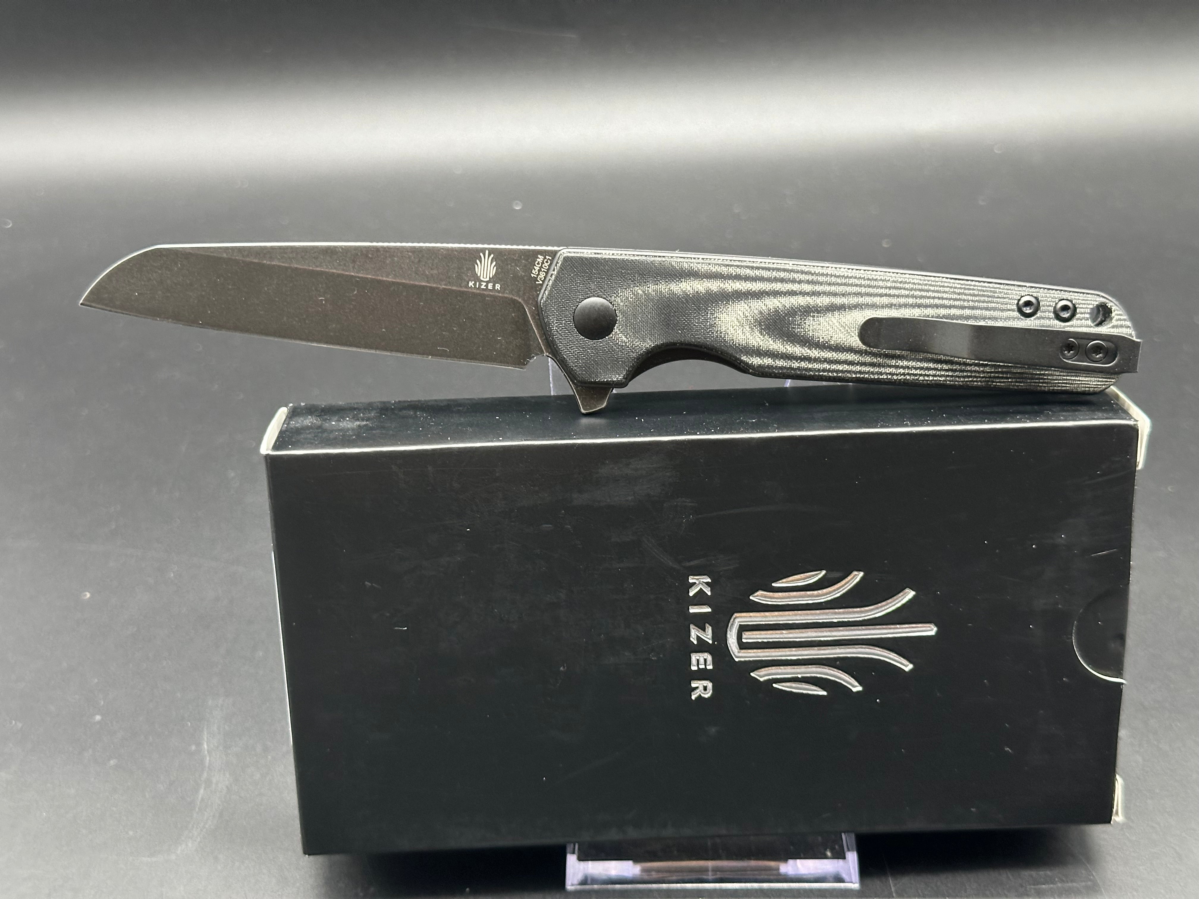 Kizer Azo LP Liner Lock Folding Pocket Knife - Black Micarta Handle, 154CM Steel Blade with Black Stonewash Finish (3.43