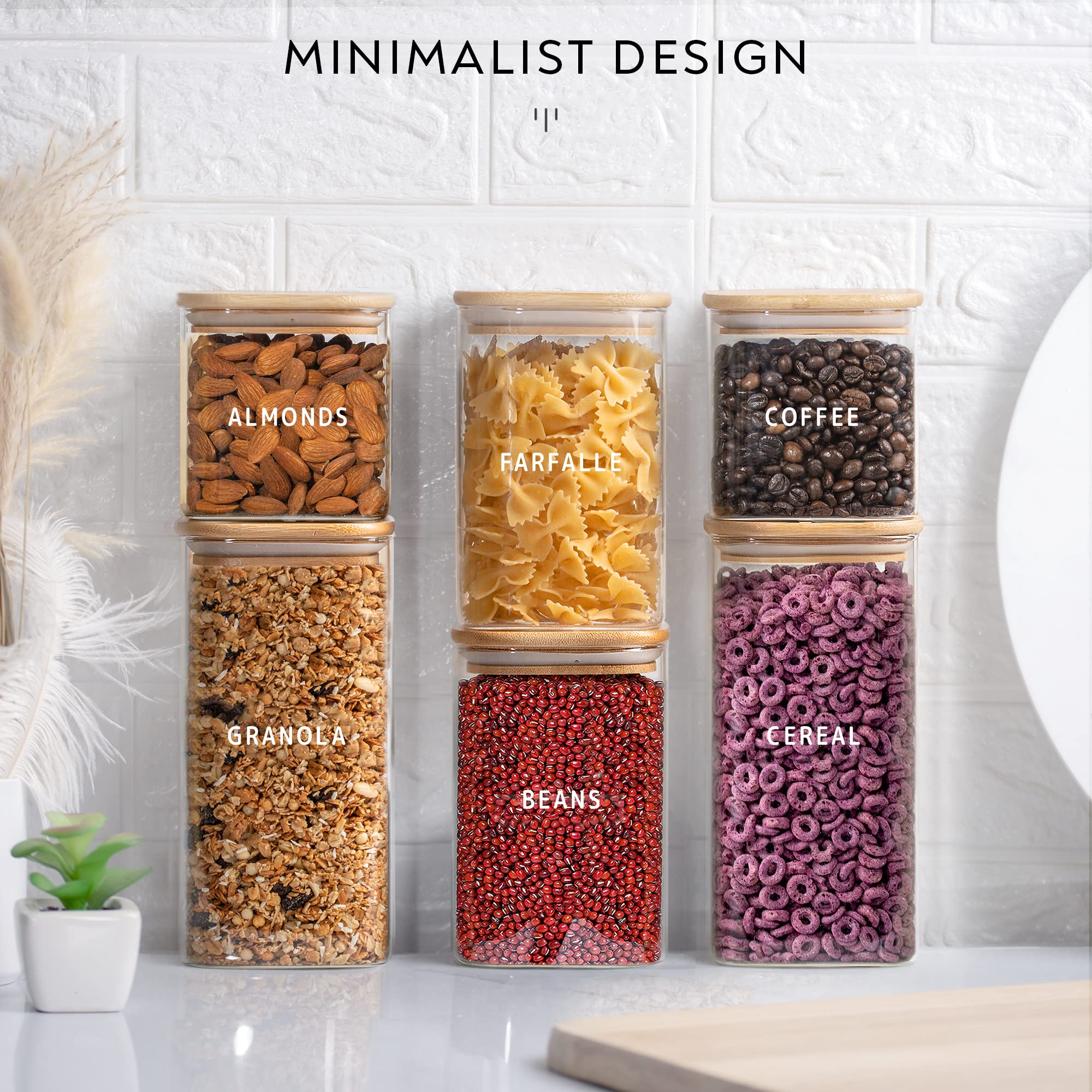 Premium Glass Jar Set with Bamboo Lids - 6-Piece (2x27oz, 2x40oz, 2x50oz) Square Canister Food Storage Containers + 160 Minimalist Pantry Labels & Custom Stickers - Ideal for Kitchen Organization, Pantry Storage, and Bulk Food Preservation