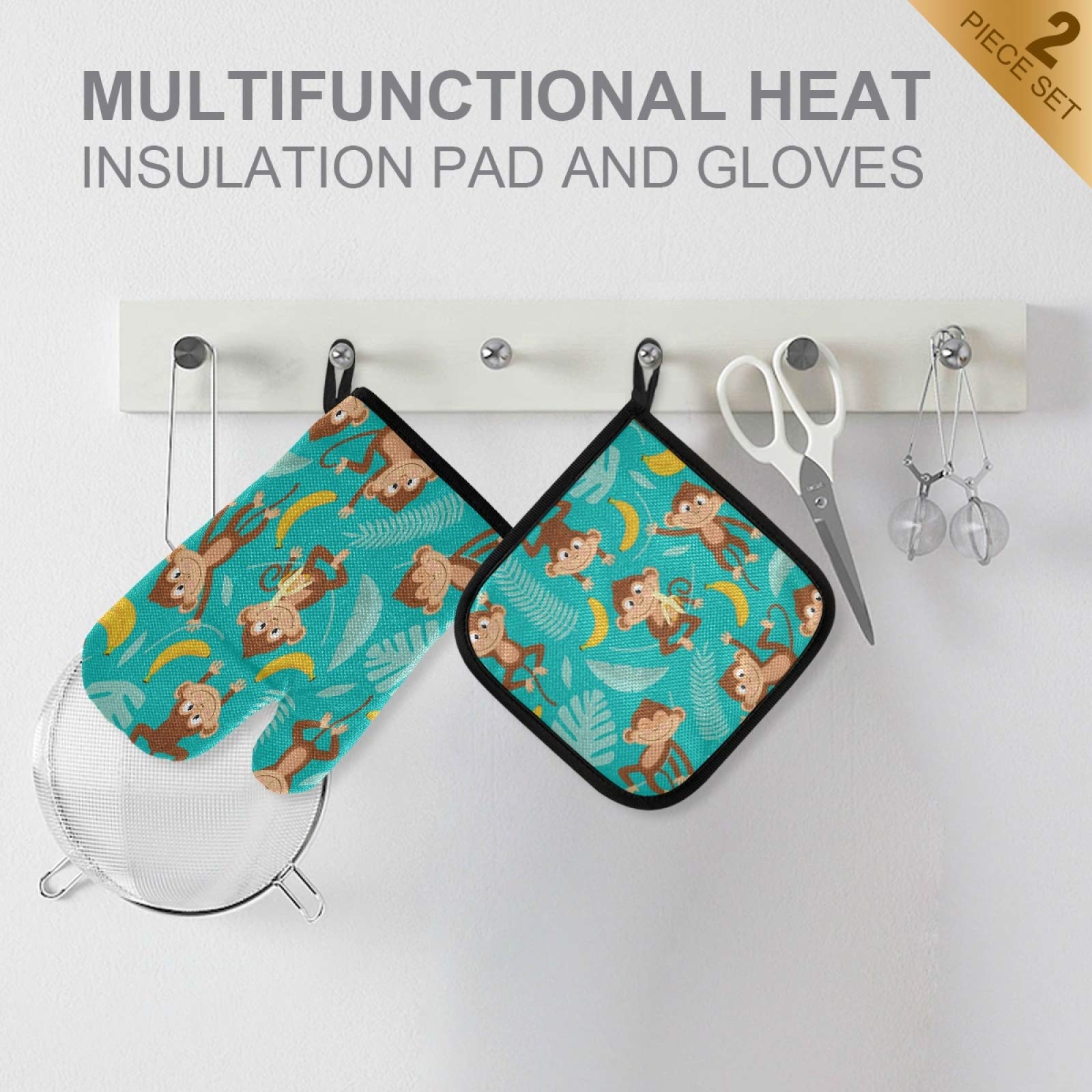 Heat Resistant Non-Slip Monkey Palm Tree Oven Mitts & Pot Holders Set of 2 - Kitchen Gloves for Cooking, Baking, BBQ & Grilling - Perfect for Holiday Baking, Outdoor Picnics & Home Kitchen Use