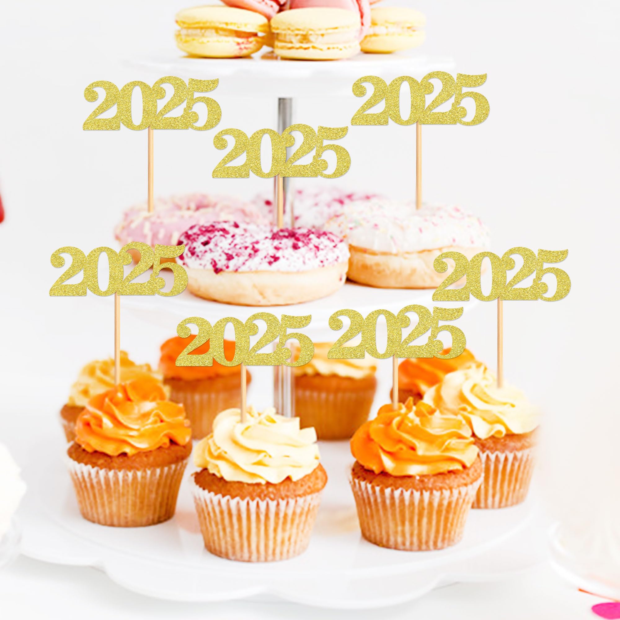 40 Pcs Gold Glitter New Year Cupcake Toppers 2025 - Cheers to 2025 Cake Picks for New Year's Eve Party Decorations - Perfect for Birthday, Wedding & Holiday Celebrations
