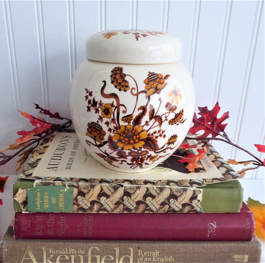 Vintage 1960s Sadler Tea Caddy - Fall Colors Ginger Jar with Floral & Foliage Design, Ceramic Tea Storage Canister | Perfect for Tea Lovers, Home Decor & Collectible Display