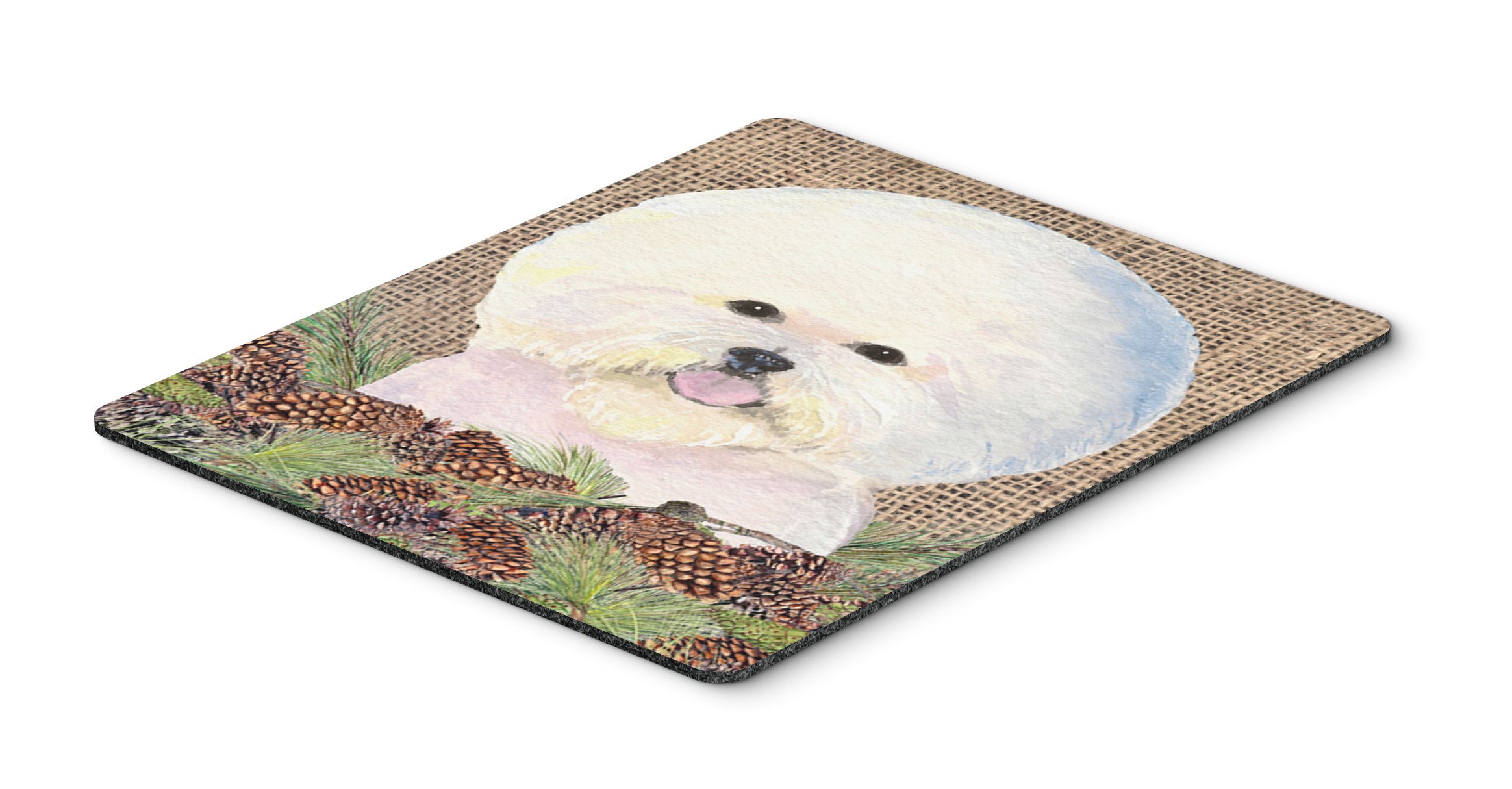 Bichon Frise Mouse Pad - Washable Large Desk Mat for Computer, Laptop, Gaming & Office | Faux Burlap Design with Pine Cones | Perfect as Hot Pad, Trivet or Home Decor Accessory