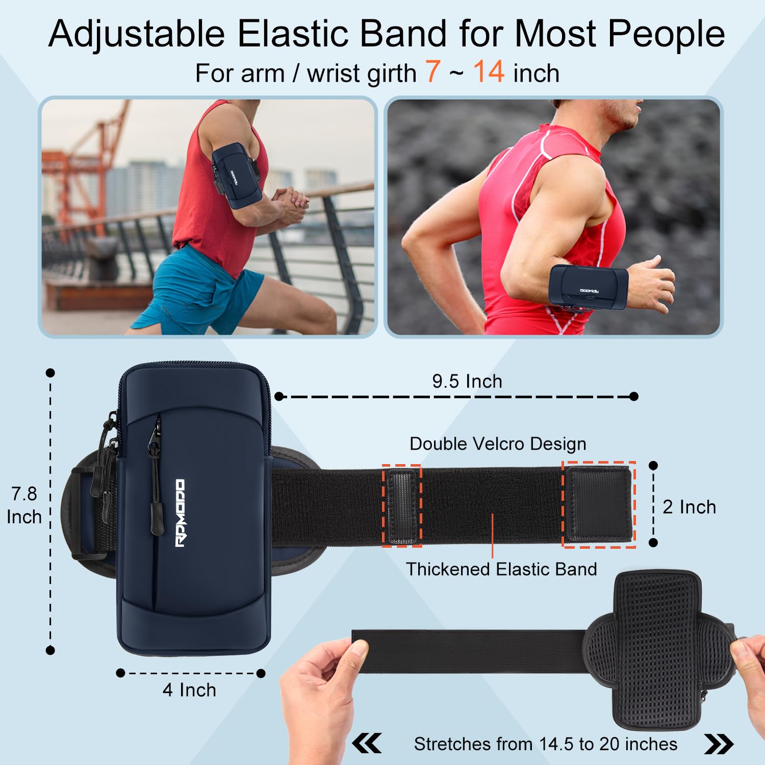 Adjustable Running Armband Phone Holder for iPhone 12/13/14/15 Pro Max & Samsung - 2-Pocket Elastic Workout Armband for Phones Under 7.5 Inches (Blue) - Perfect for Jogging, Gym, Hiking & Outdoor Activities