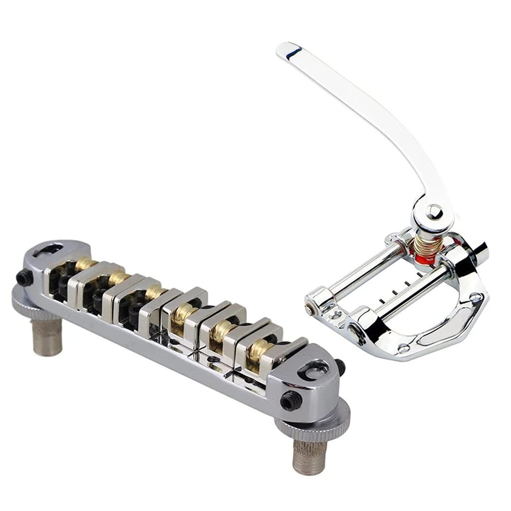 XJJZS Roller Saddle Bridge with Posts and Spanner for Electric Guitar - Silver Tremolo Tailpiece for Flat Top Body | Perfect for Smooth Vibrato Effects and Stable Tuning in Rock & Blues Performances