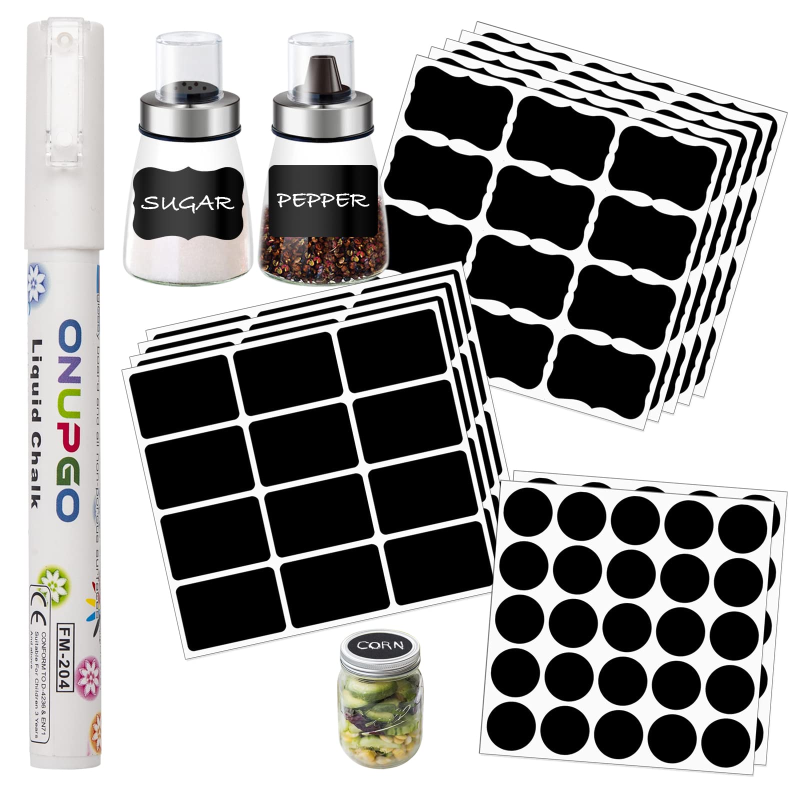 ONUPGO Reusable Chalkboard Labels Stickers Bulk Pack - 158 Erasable Chalk Labels with Chalk Marker for Pantry Organization, Mason Jars & Storage Containers | Waterproof, Removable Blackboard Labels for Kitchen, Office & Classroom Use